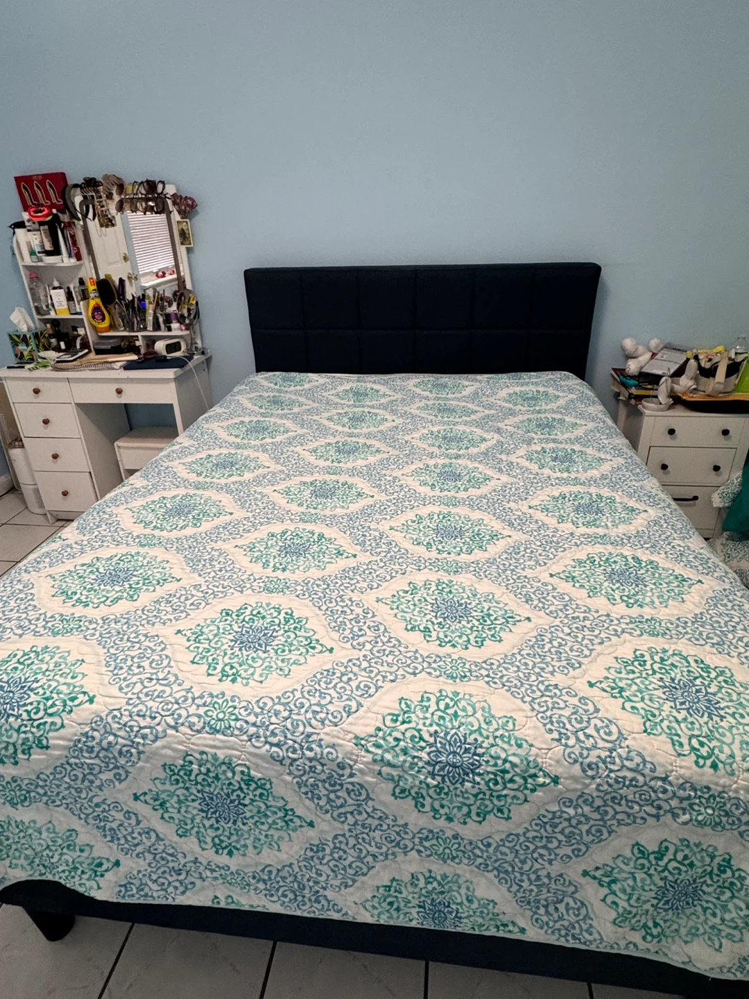 Dark Blue Upholstered Full Bed Frame with Headboard - photo 4