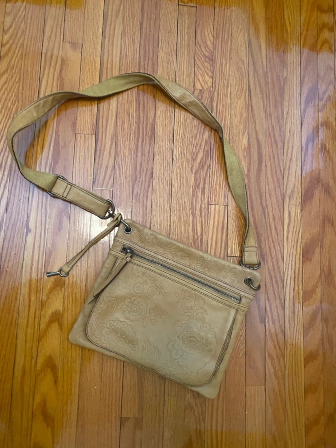 Fossil Tan Embossed Leather Crossbody Bag