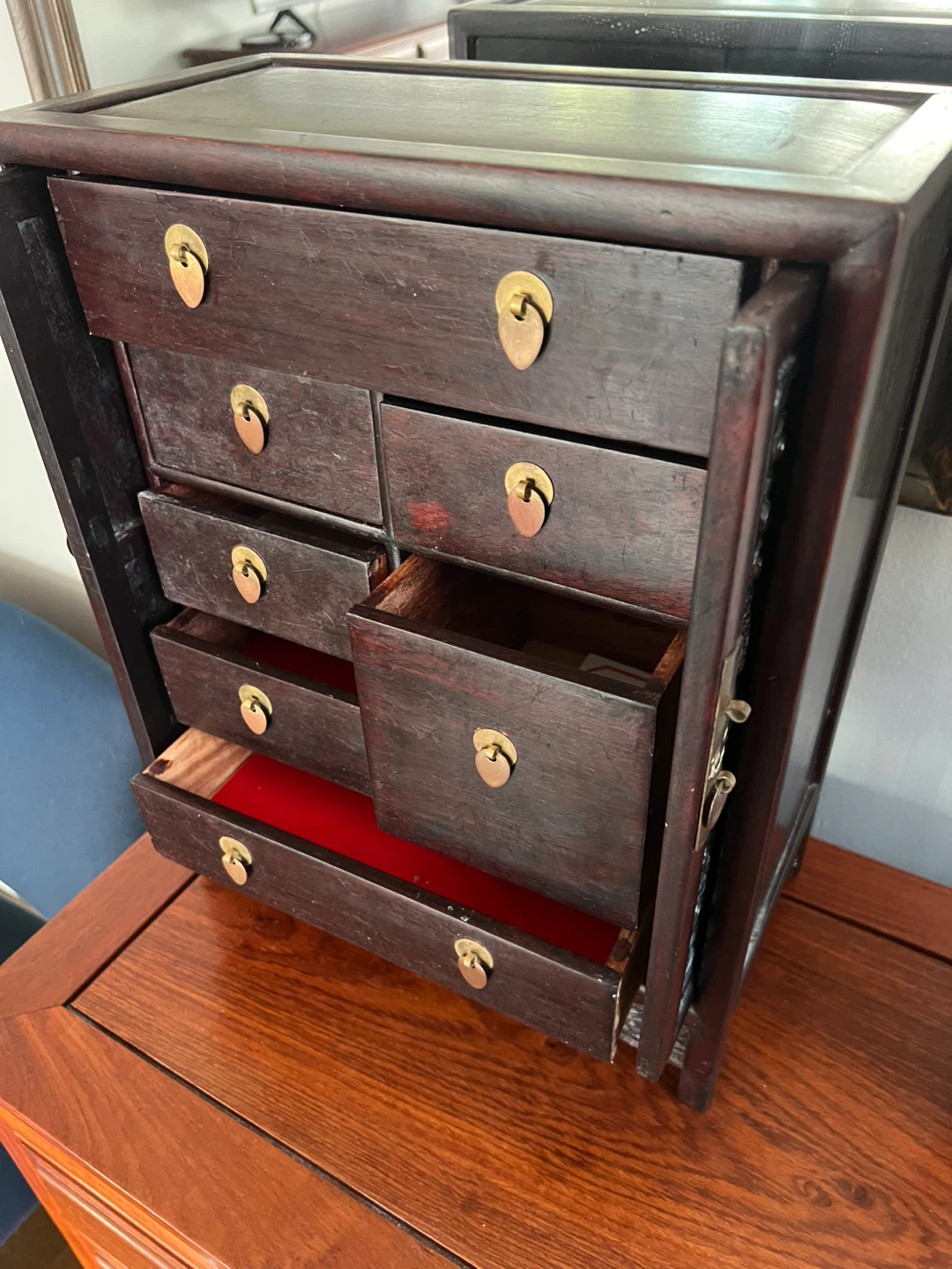 Vintage Carved Wooden Jewelry Box with Drawers - photo 3