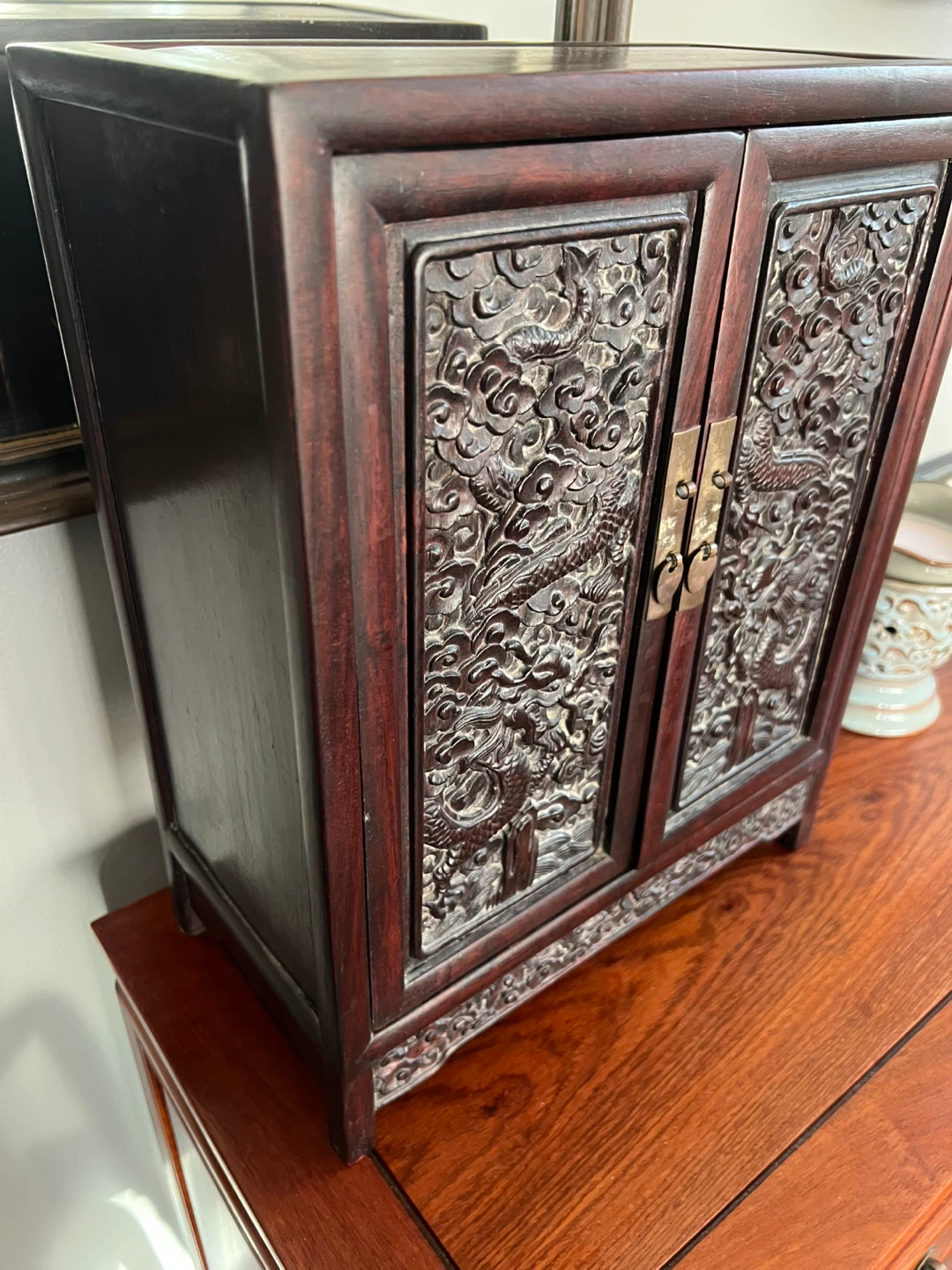 Vintage Carved Wooden Jewelry Box with Drawers - photo 2