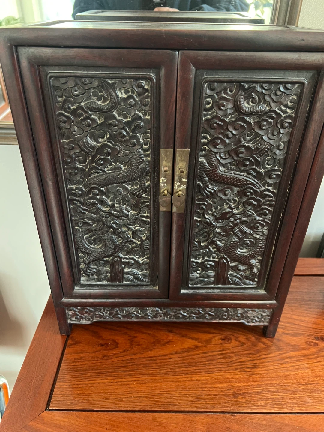 Vintage Carved Wooden Jewelry Box with Drawers