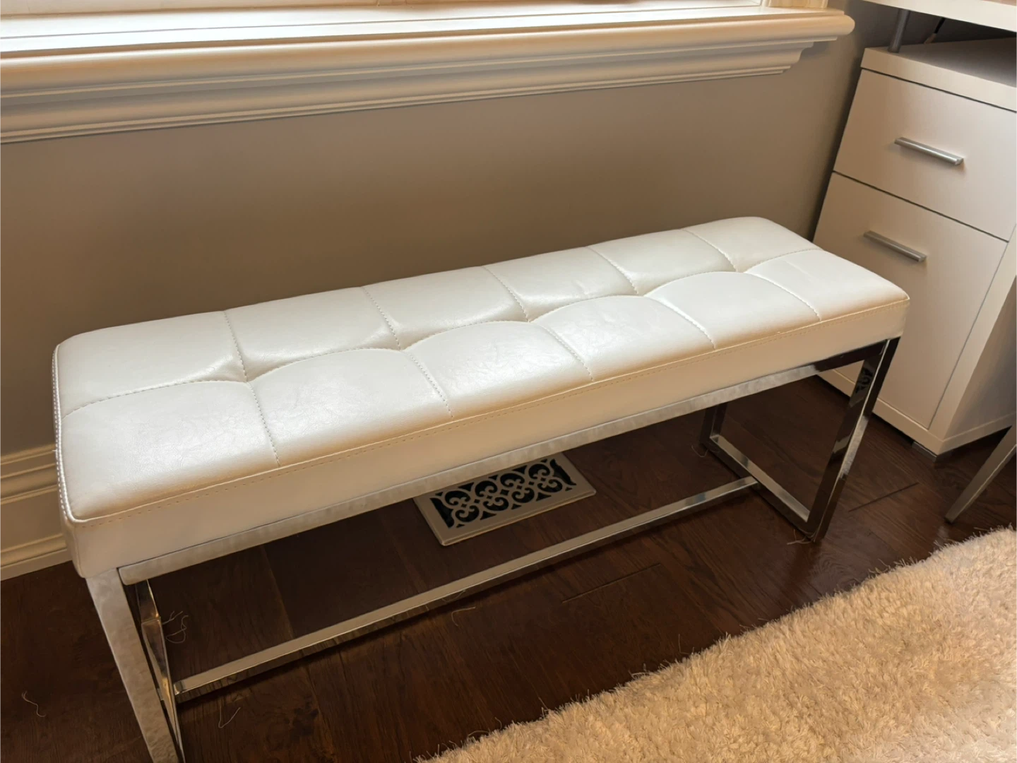 White Faux Leather Bench with Chrome Legs