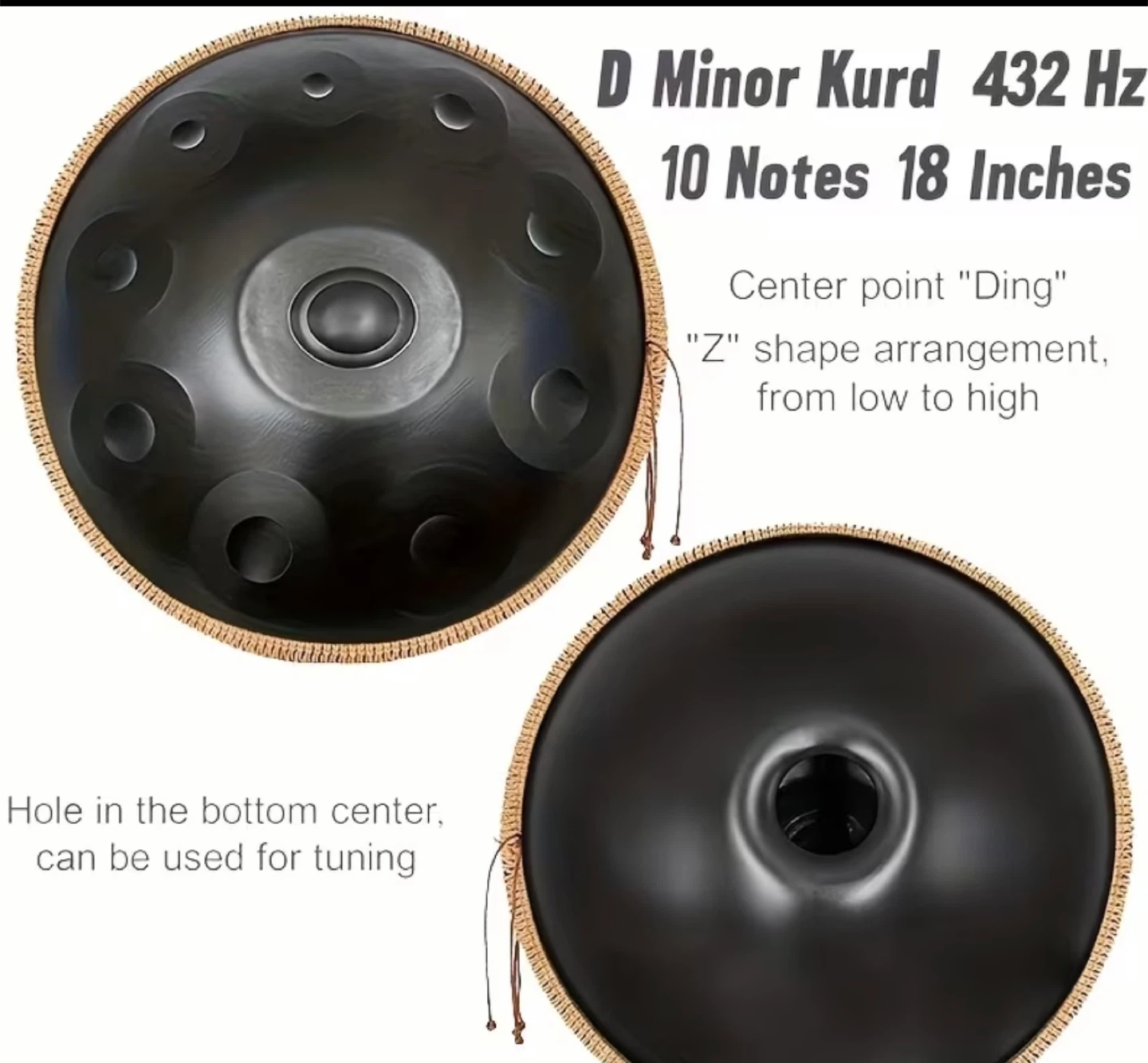 D Minor Kurd Handpan - 10 Notes, 18 Inch, Black - photo 2