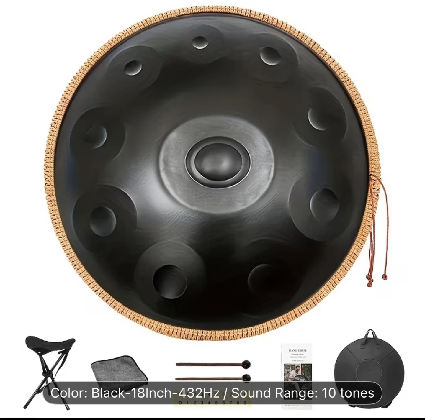 D Minor Kurd Handpan - 10 Notes, 18 Inch, Black