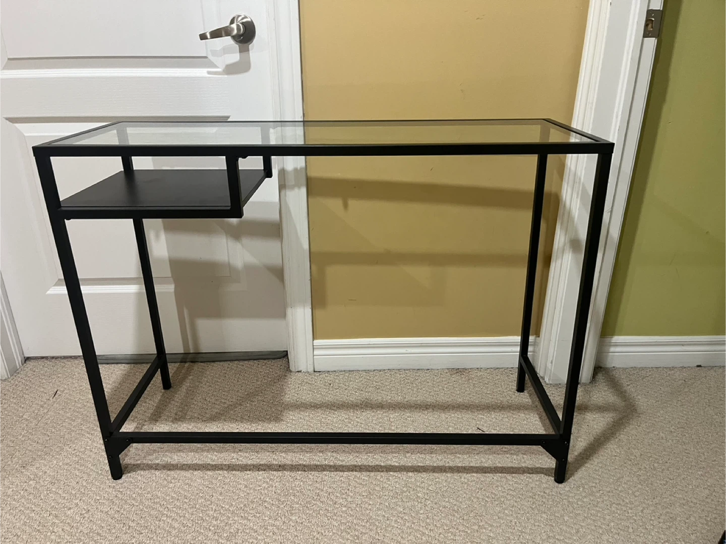 Modern Glass Top Console Table with Black Metal Frame