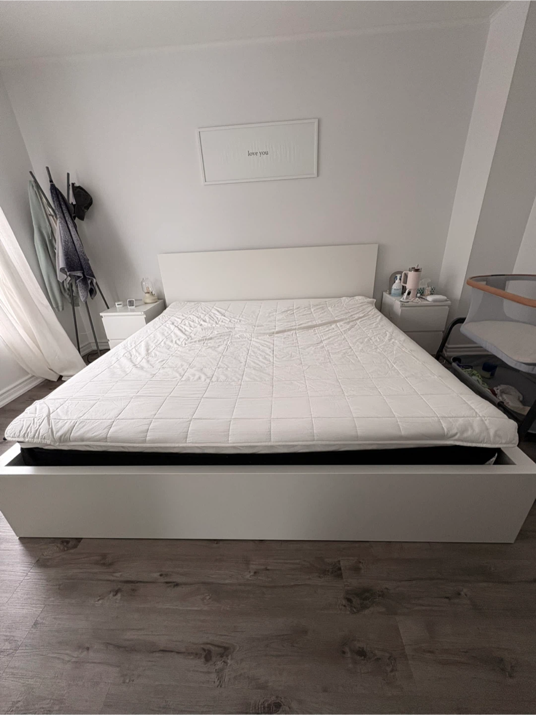 Bed Frame and White king+ Size Mattress 600 CAD both