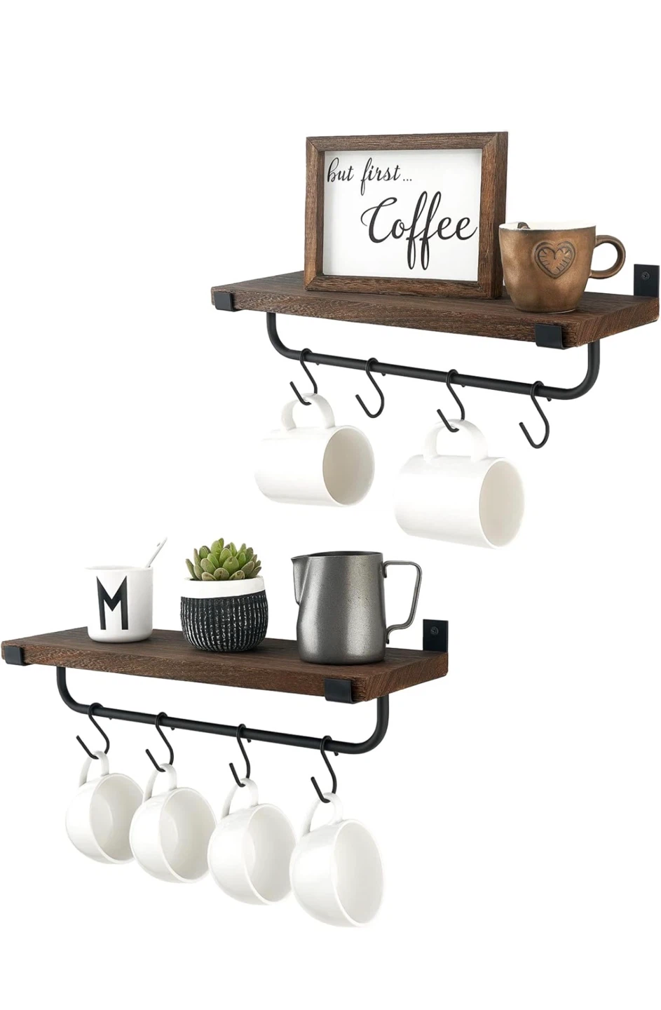Set of 2 Rustic Wood Wall Shelves with Hooks - photo 4