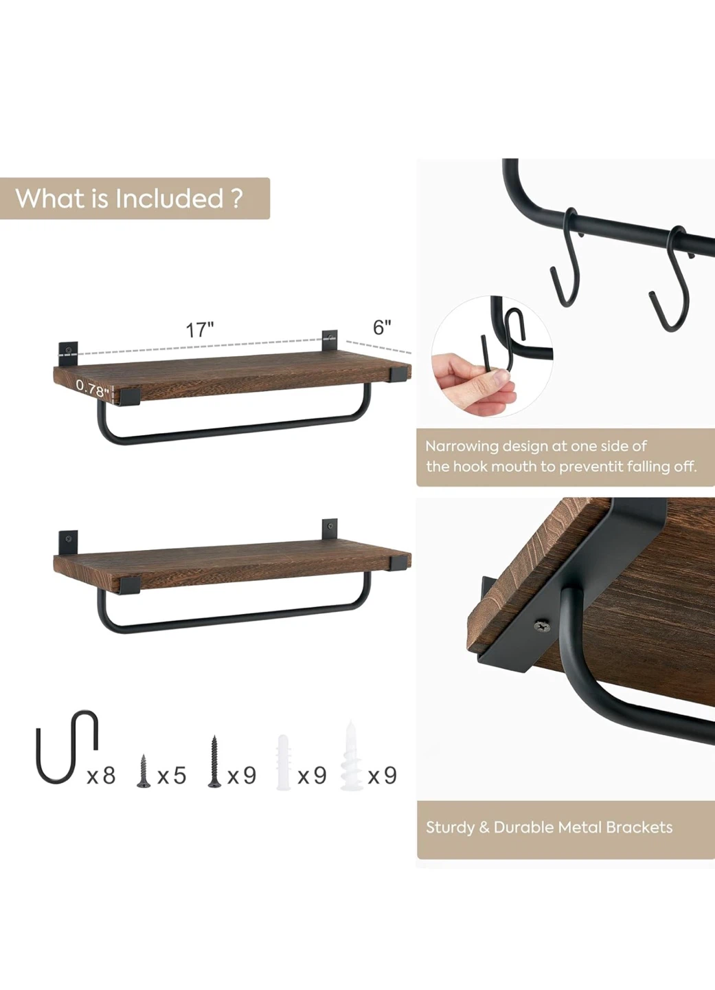 Set of 2 Rustic Wood Wall Shelves with Hooks - photo 2