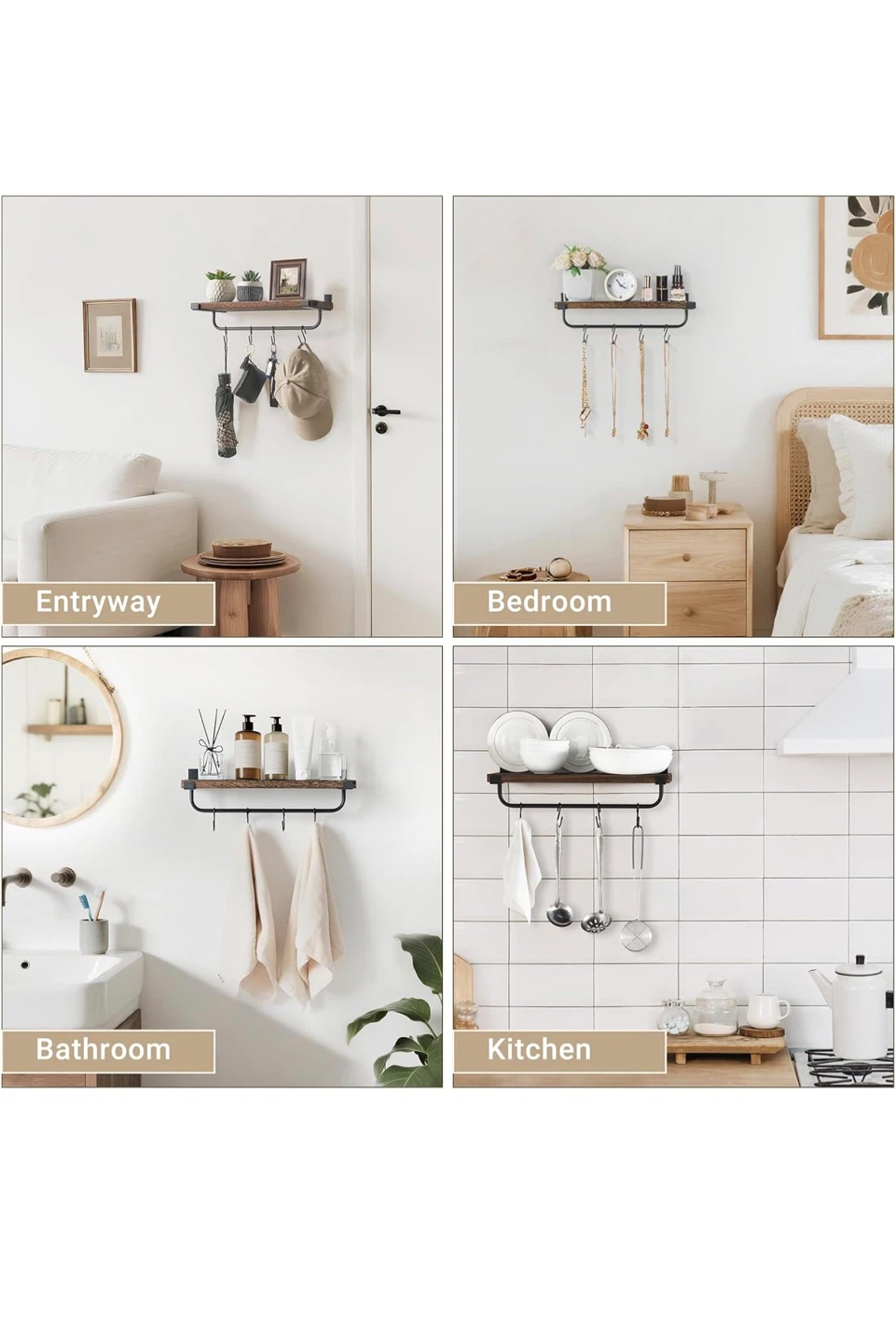 Set of 2 Rustic Wood Wall Shelves with Hooks - photo 3