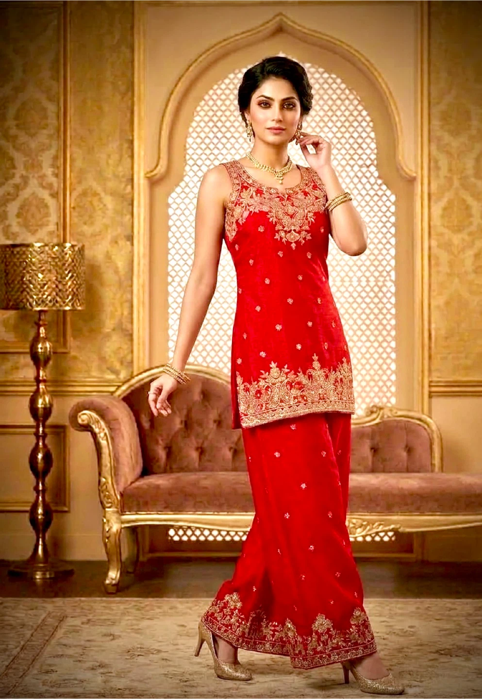 Women's Red Embroidered Kurti, Palazzo Pants with dupatta