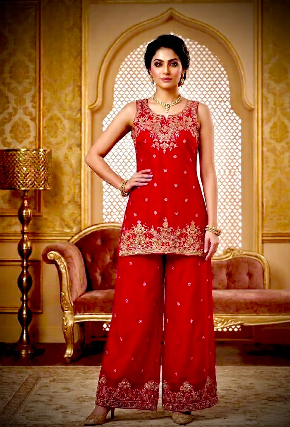 Women's Red Embroidered Kurti, Palazzo Pants with dupatta - photo 2
