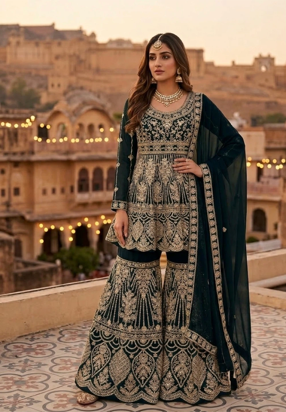Women's Green Embellished Gharara Suit - photo 2