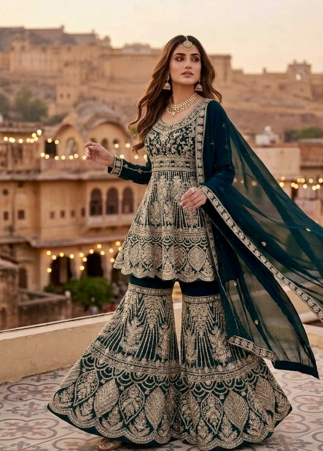 Women's Green Embellished Gharara Suit