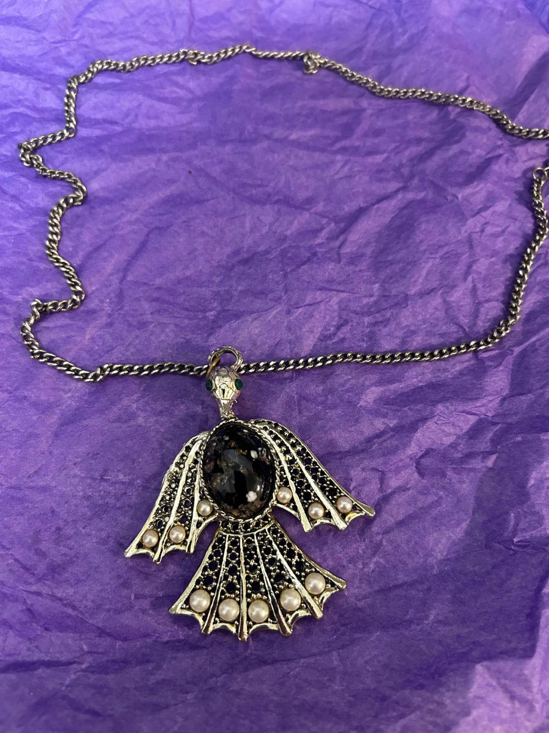 Bird Pendant Necklace with Black Stone and Pearls