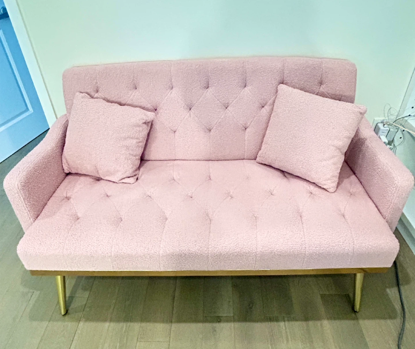 New Pink Boucle Loveseat with Gold Legs