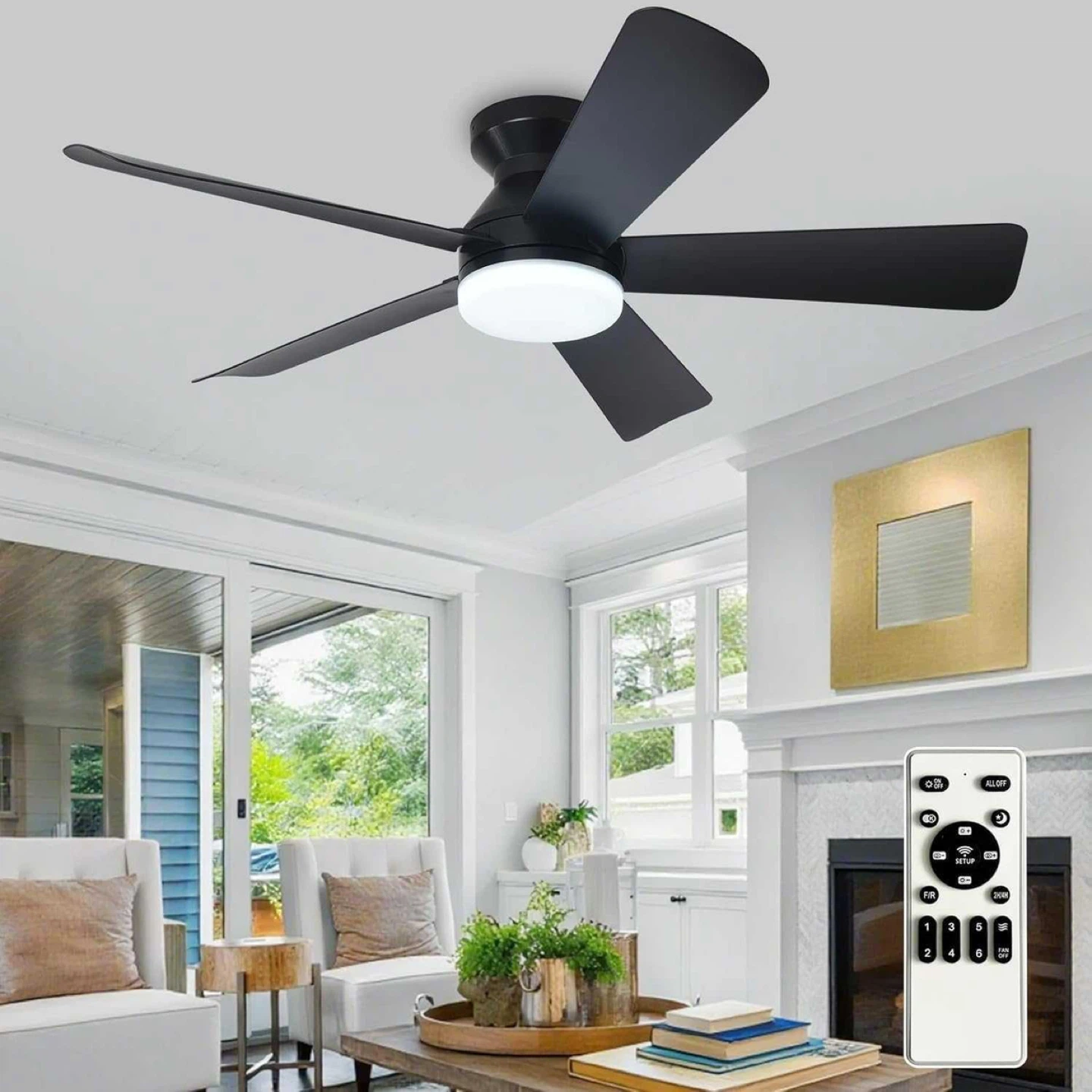 Black 5-Blade Ceiling Fan with Light and Remote