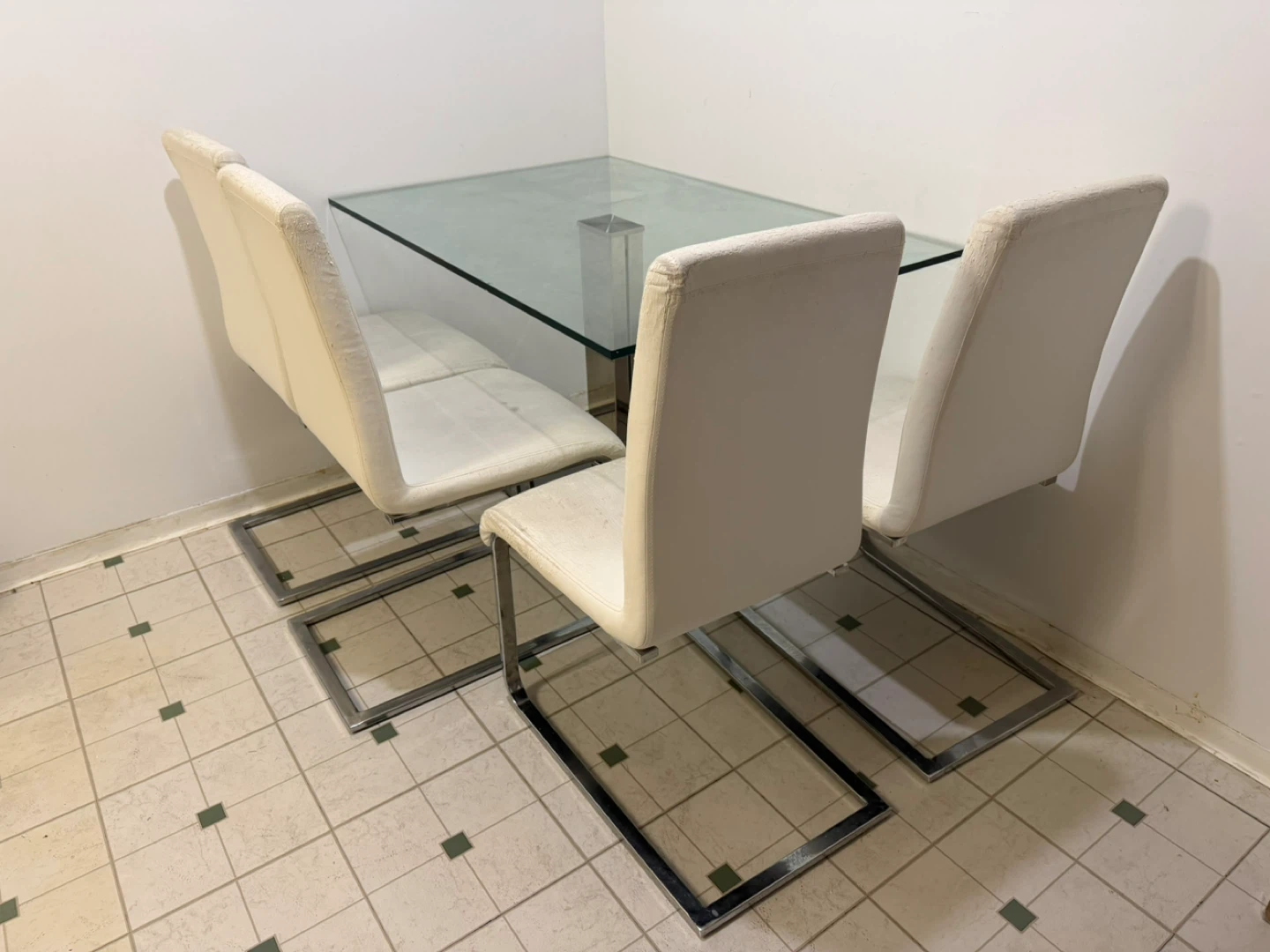 Glass Dining Table with 4 White Chairs