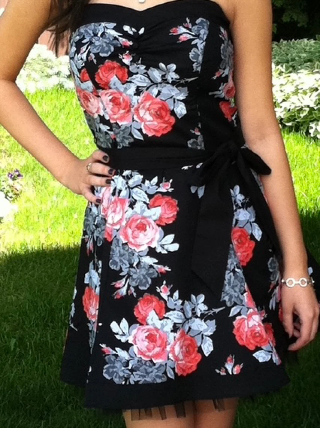 Black Strapless Floral Dress with Tulle Hem