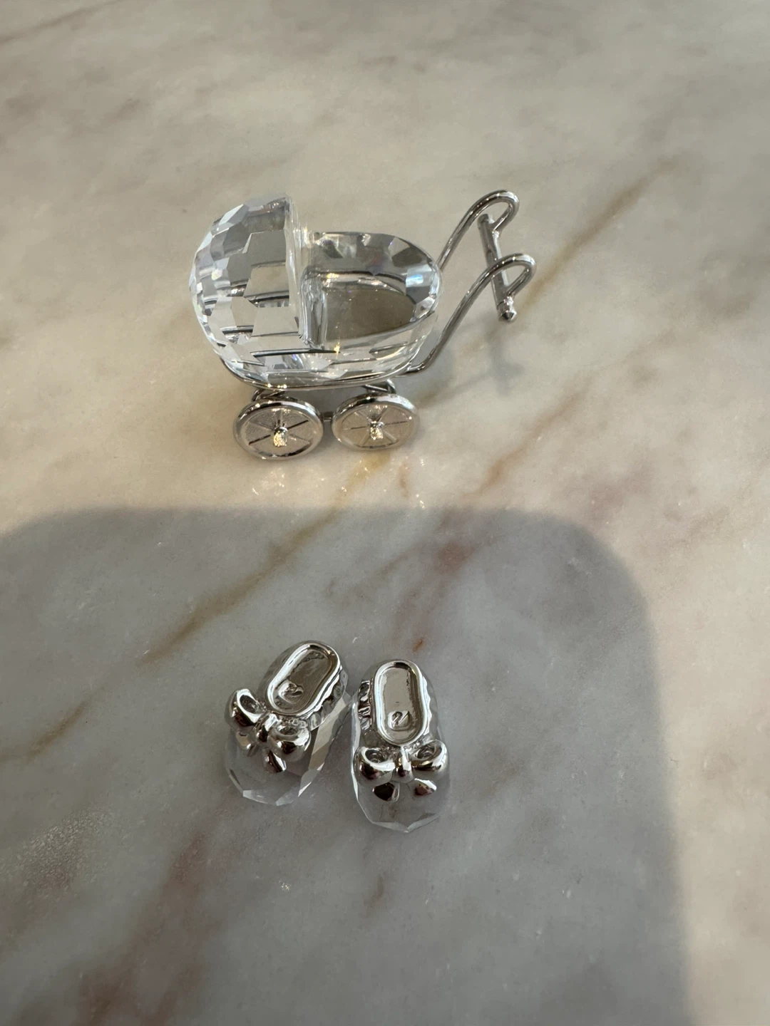 Swarovski Crystal Baby Carriage Pram + Baby Booties Set