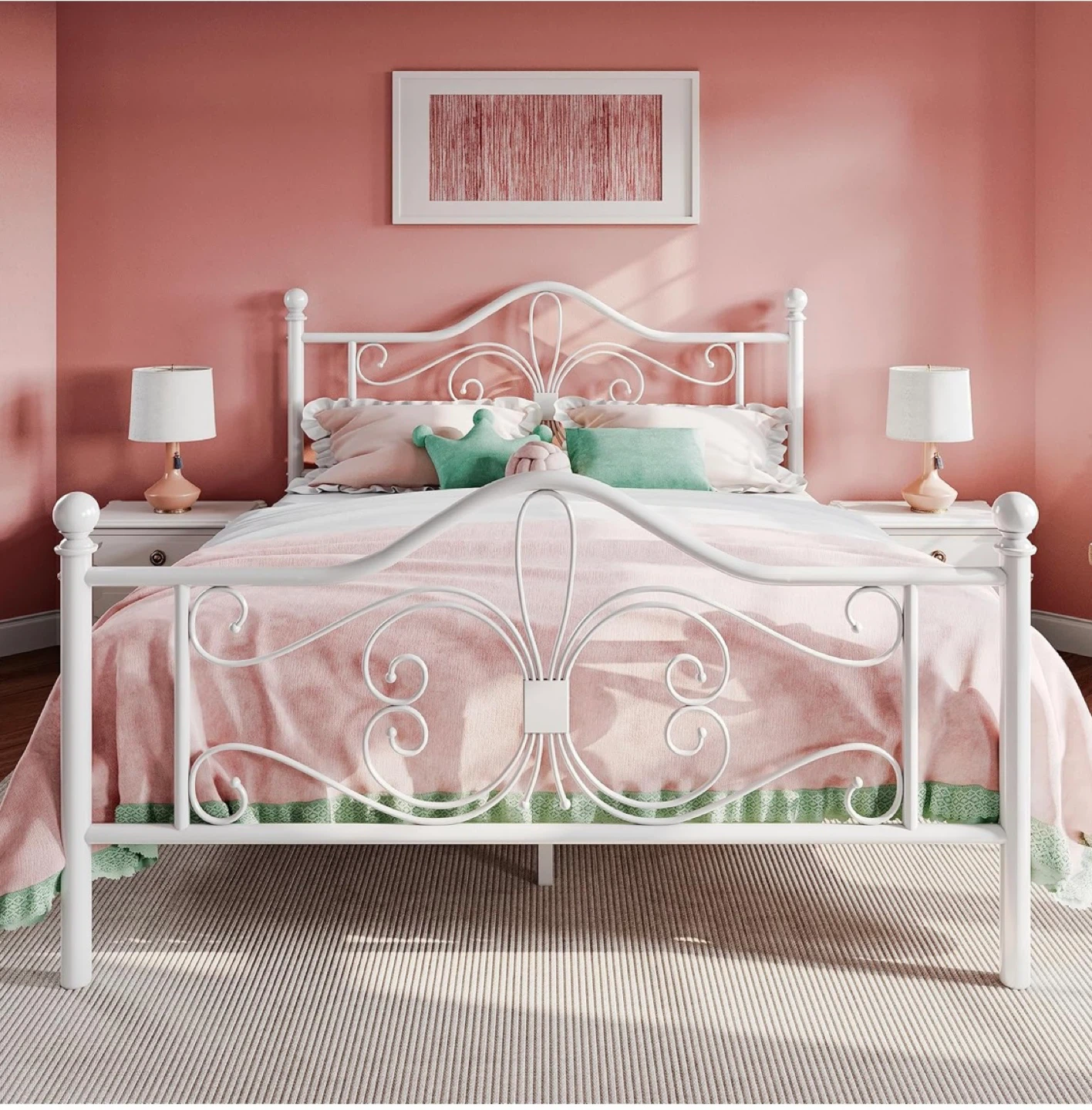 Queen Size White Metal Bed Frame with memory foam mattress - photo 5