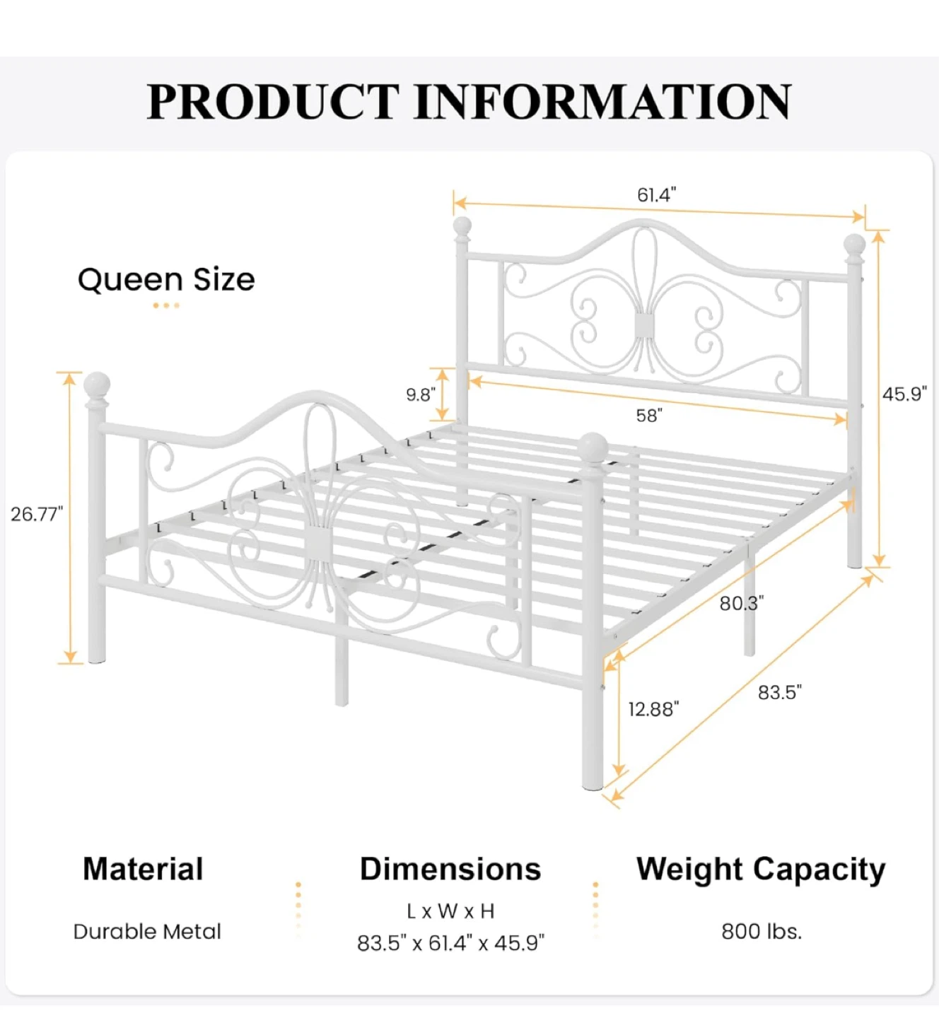 Queen Size White Metal Bed Frame with memory foam mattress - photo 4