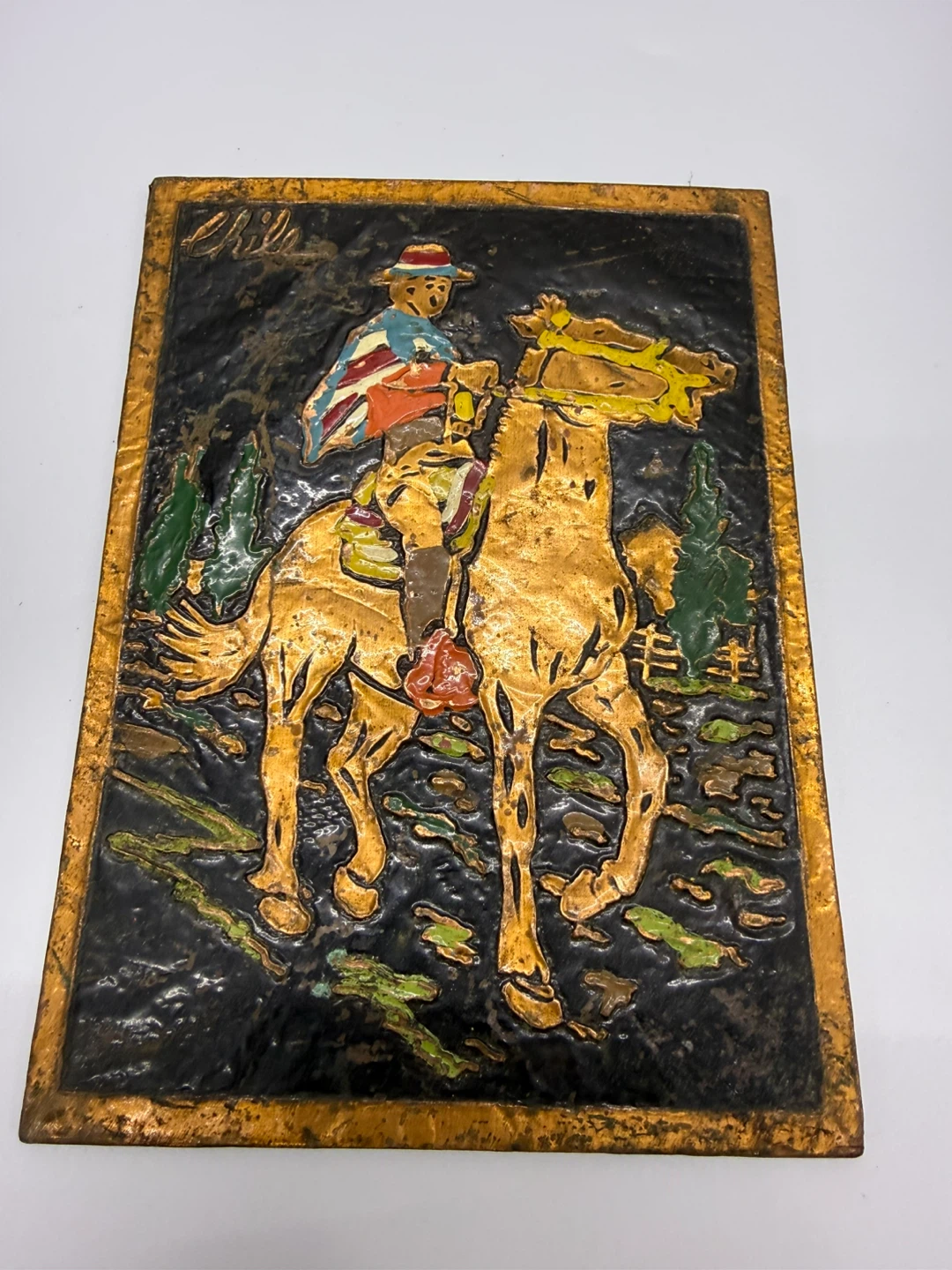 Vintage Embossed Copper Wall Art Chile Horse Rider