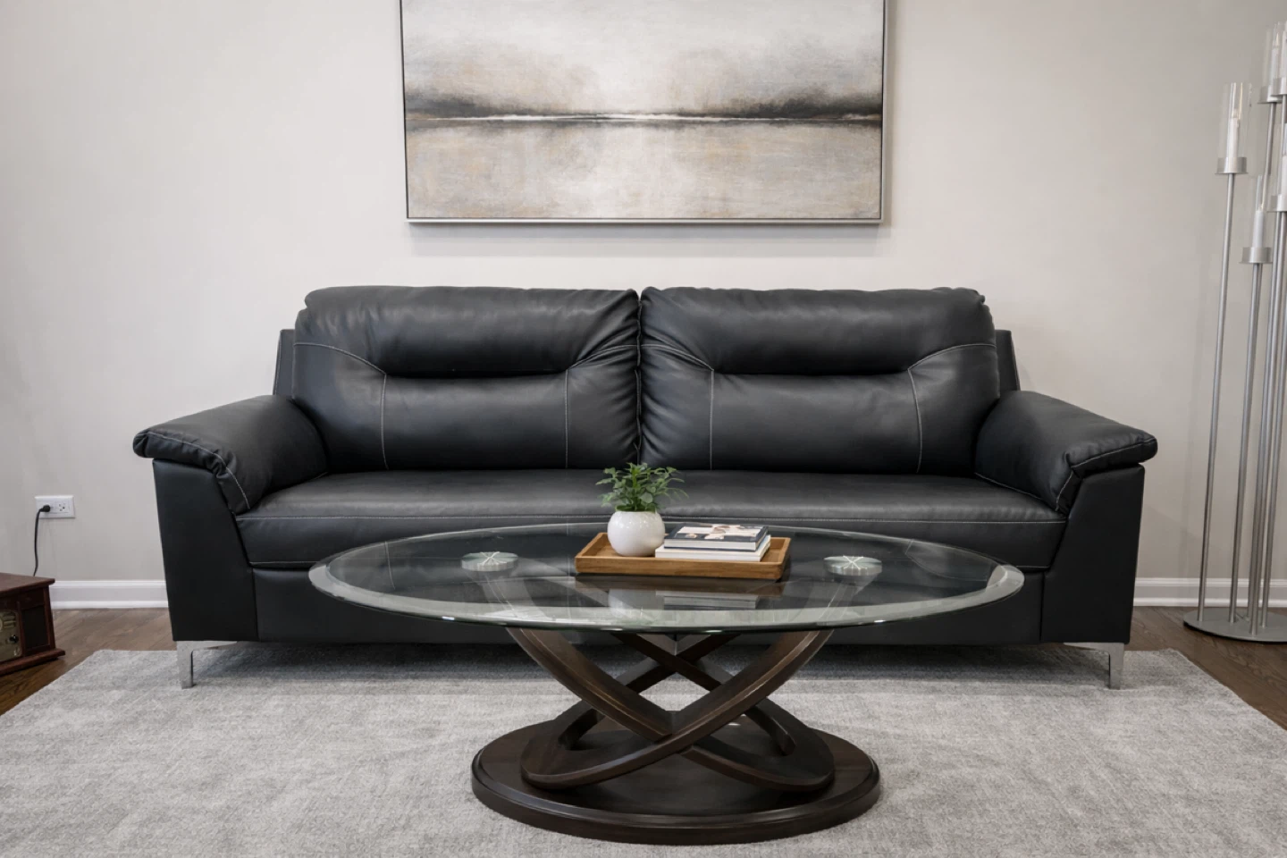 Black Faux Leather Sofa-Like New - photo 2