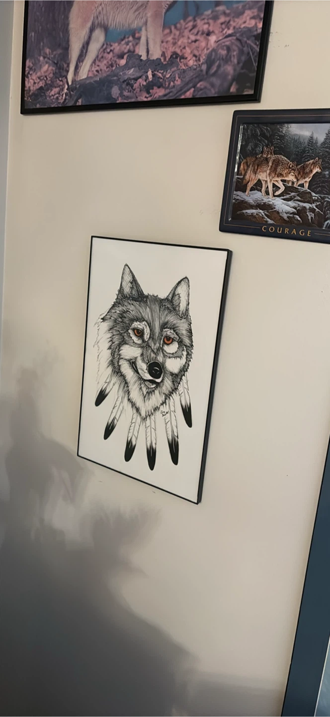 Framed Wolf Art Print with Feathers