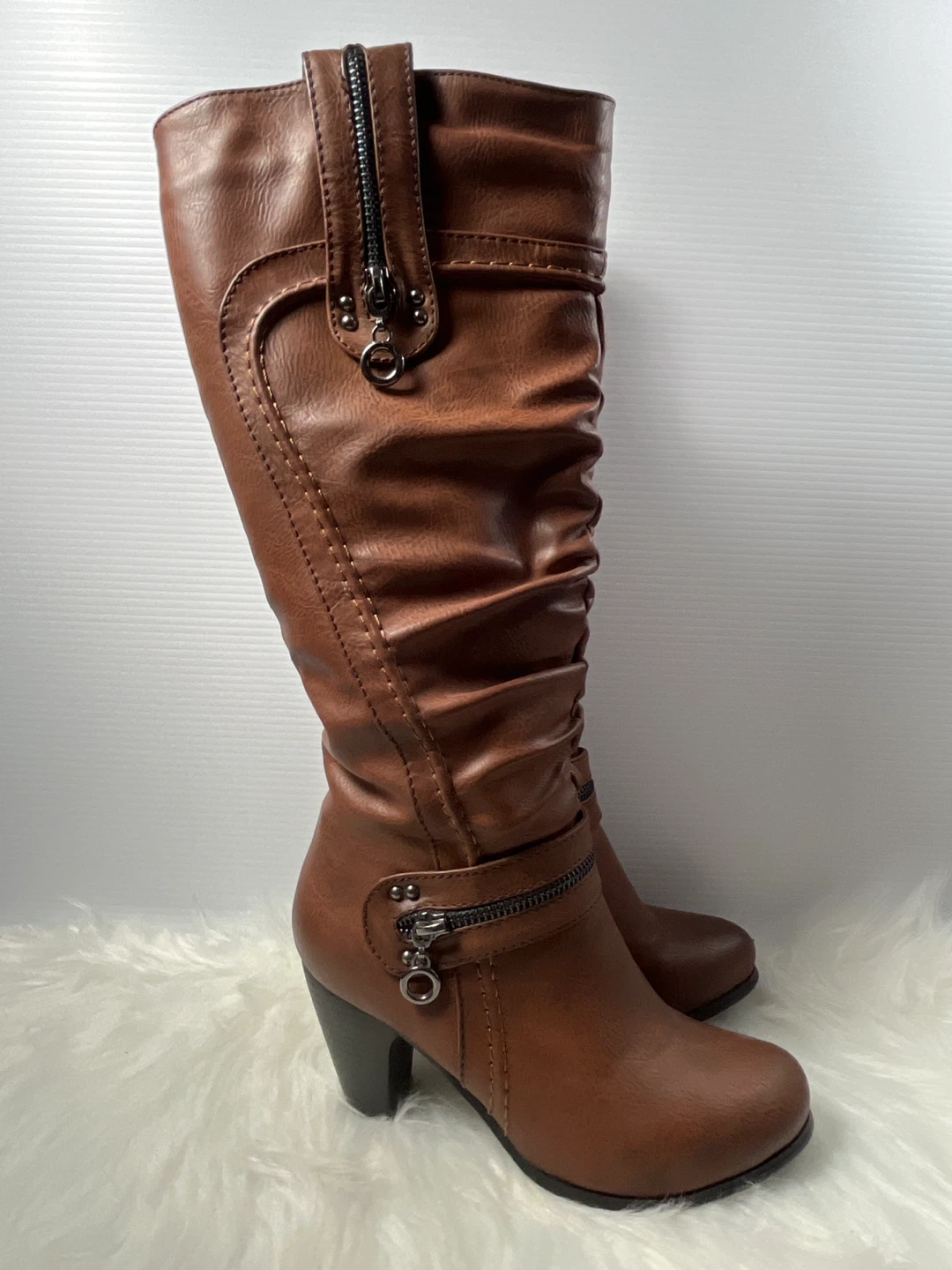 STEFANIA ITALY Tall Brown Ruched Boots – Okay  Condition - photo 4