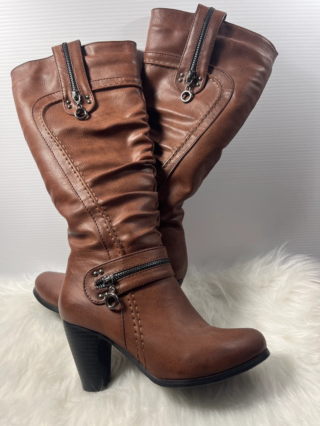 STEFANIA ITALY Tall Brown Ruched Boots – Okay  Condition