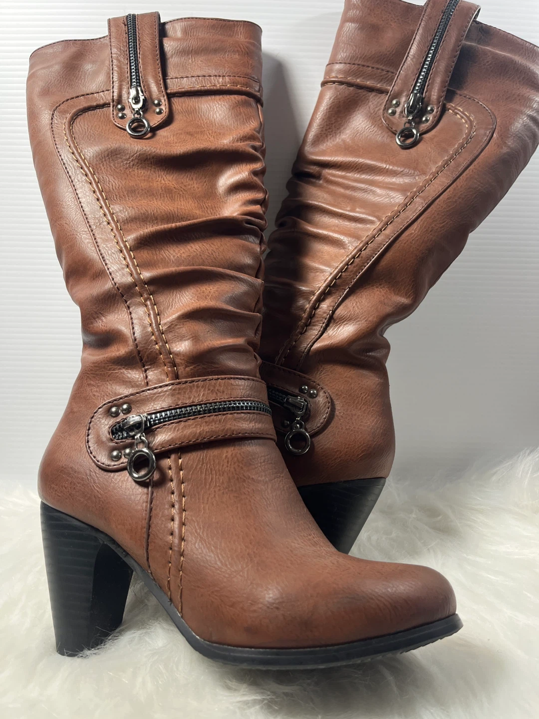 STEFANIA ITALY Tall Brown Ruched Boots – Okay  Condition - photo 2