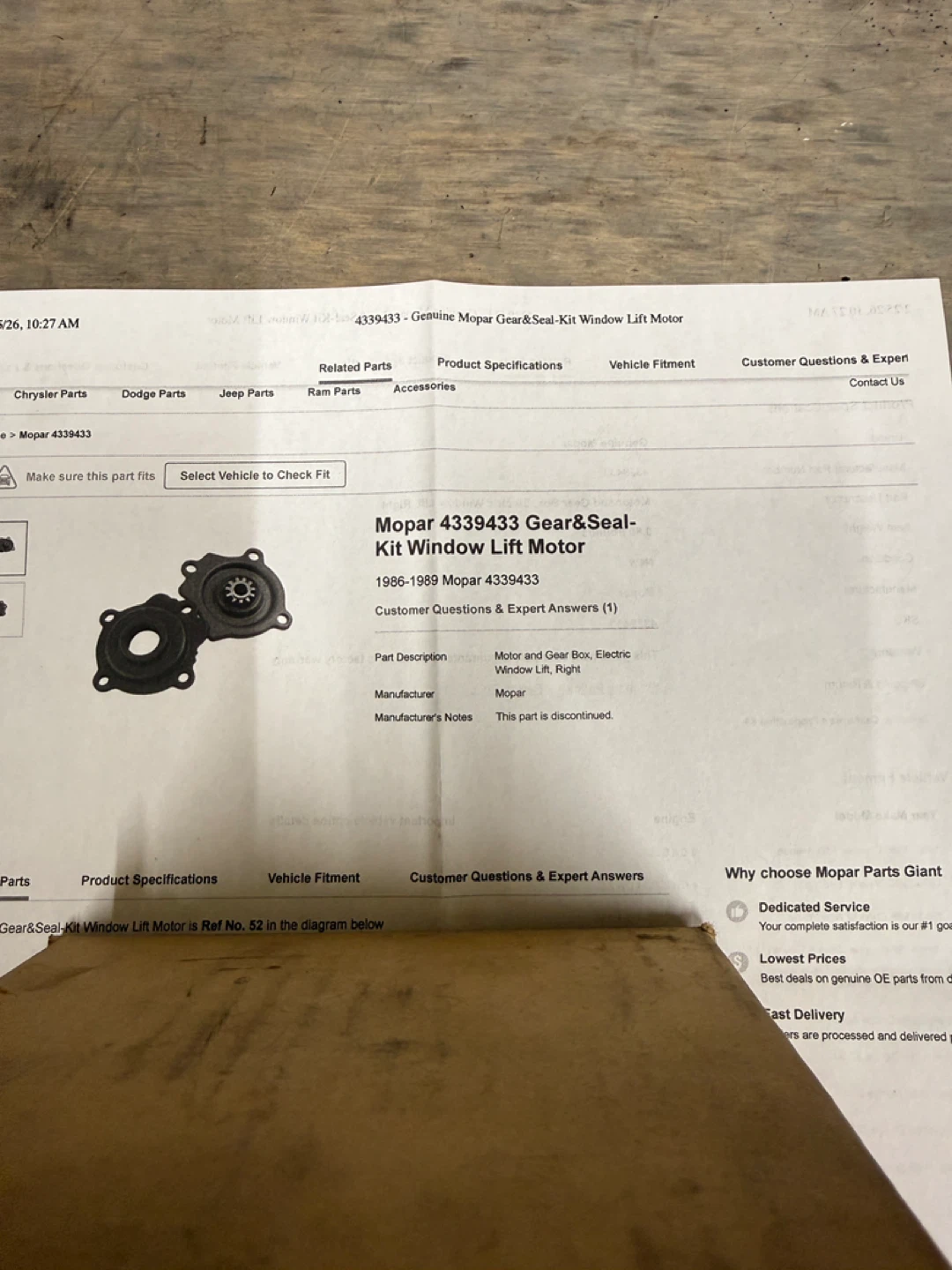 Mopar 4339433 Gear & Seal Kit Window Lift Motor 1986-1989 - photo 2