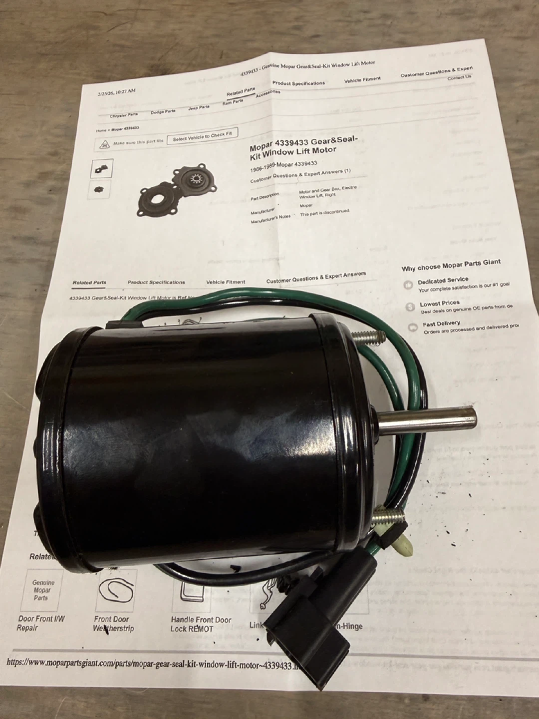 Mopar 4339433 Gear & Seal Kit Window Lift Motor 1986-1989 - photo 3