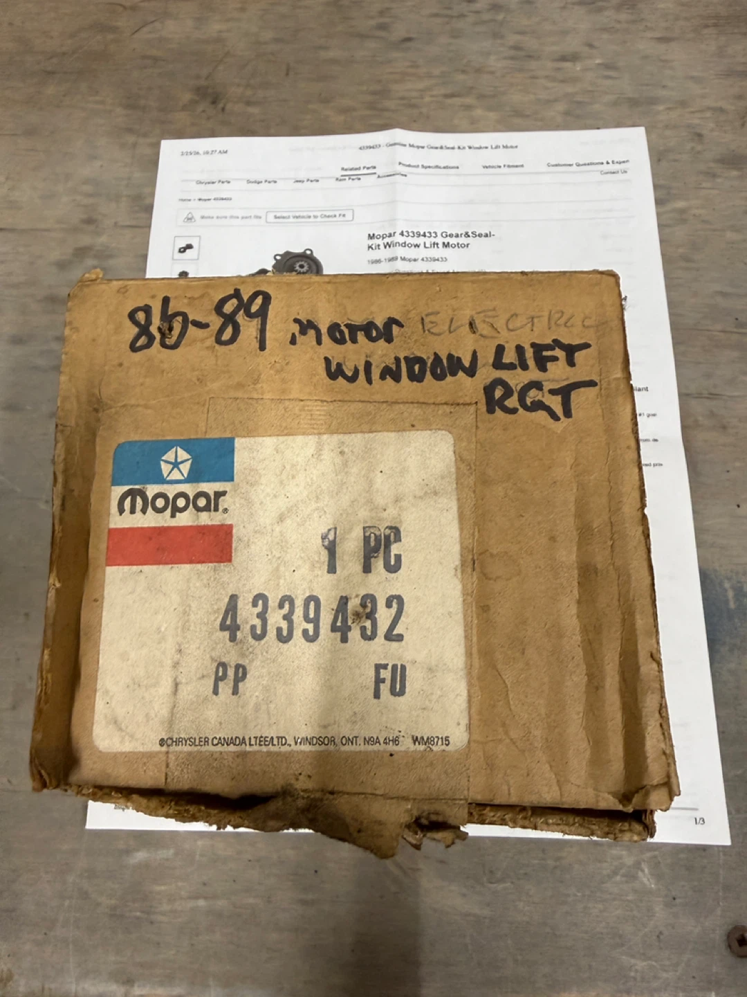 Mopar 4339433 Gear & Seal Kit Window Lift Motor 1986-1989