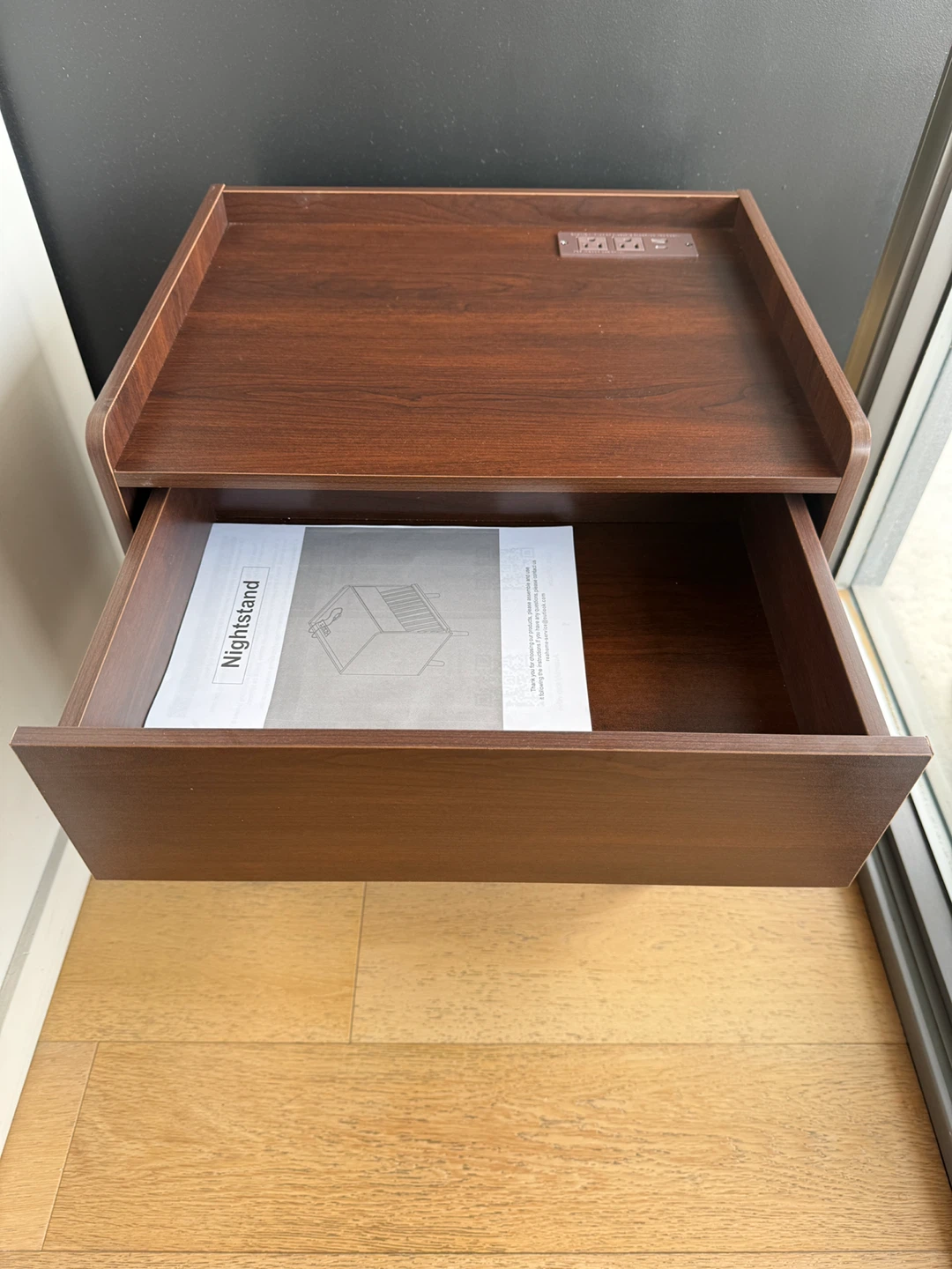 Dark Wood Nightstand with Drawer and Power Outlet - photo 3