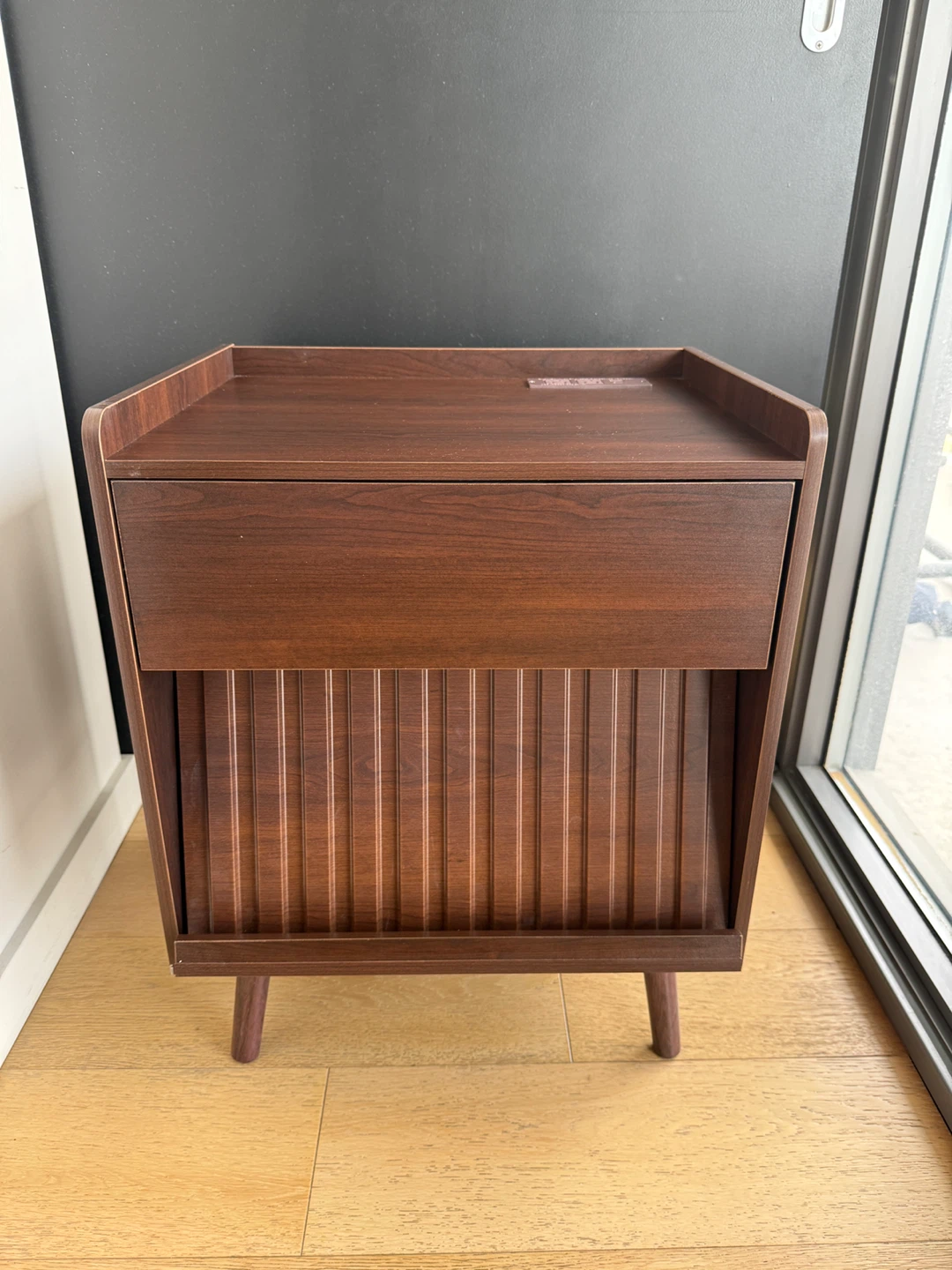 Dark Wood Nightstand with Drawer and Power Outlet