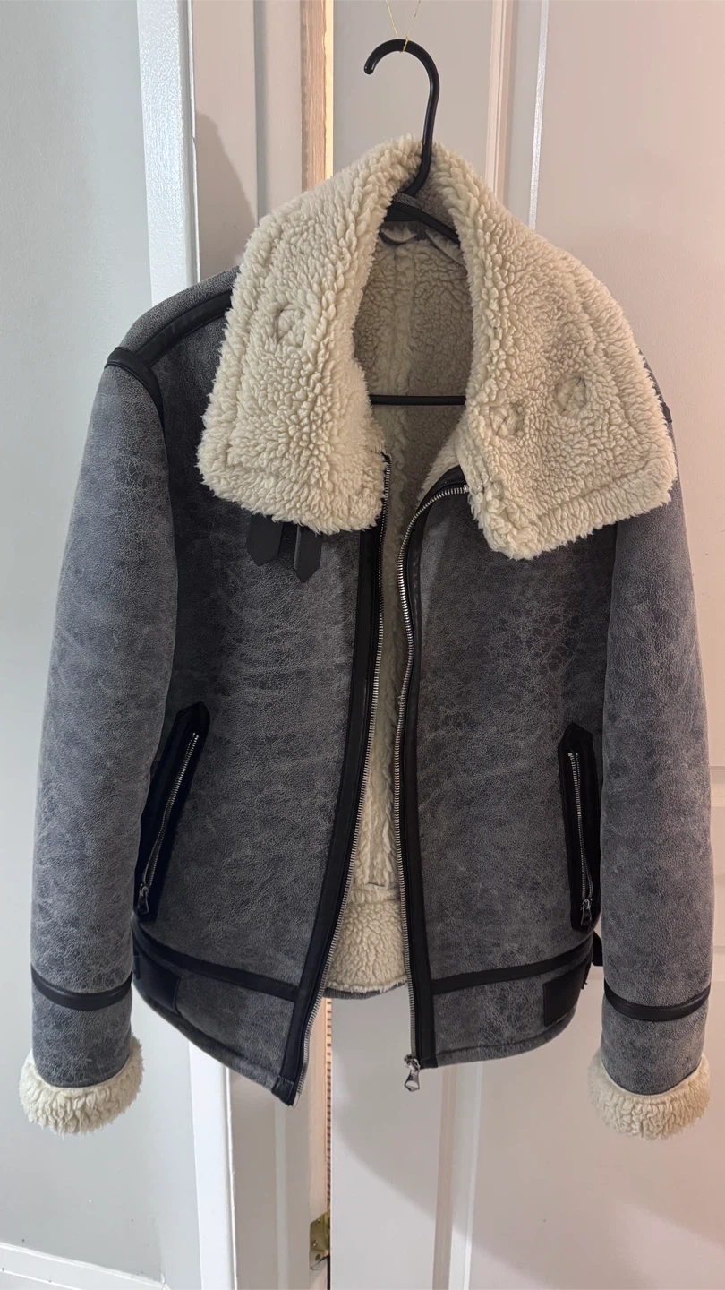 Zara Grey Sherpa Lined Aviator Jacket