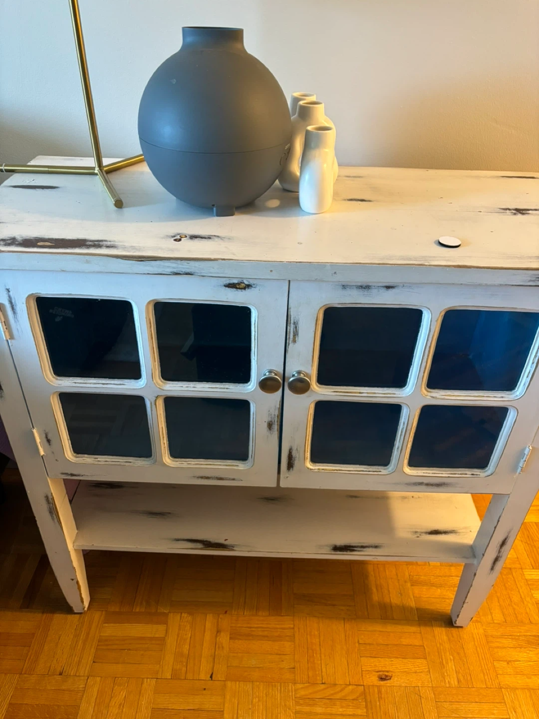 Distressed White Cabinet with Glass Doors