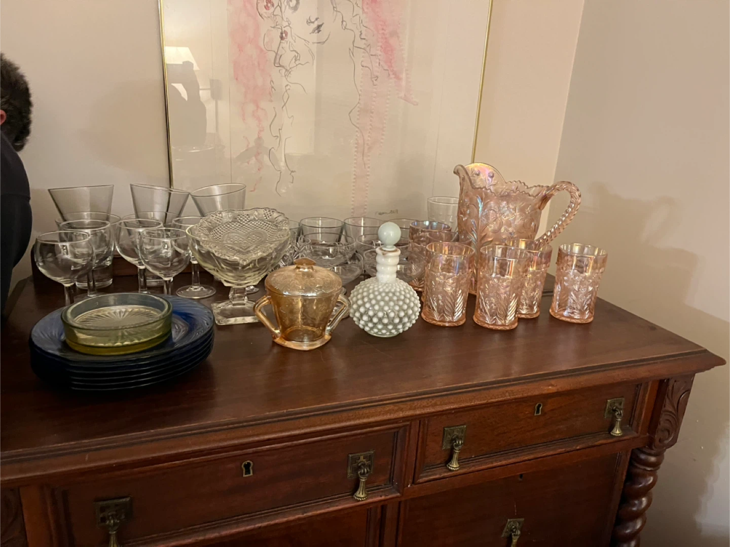 Pink Carnival Glass Pitcher and Tumbler Set