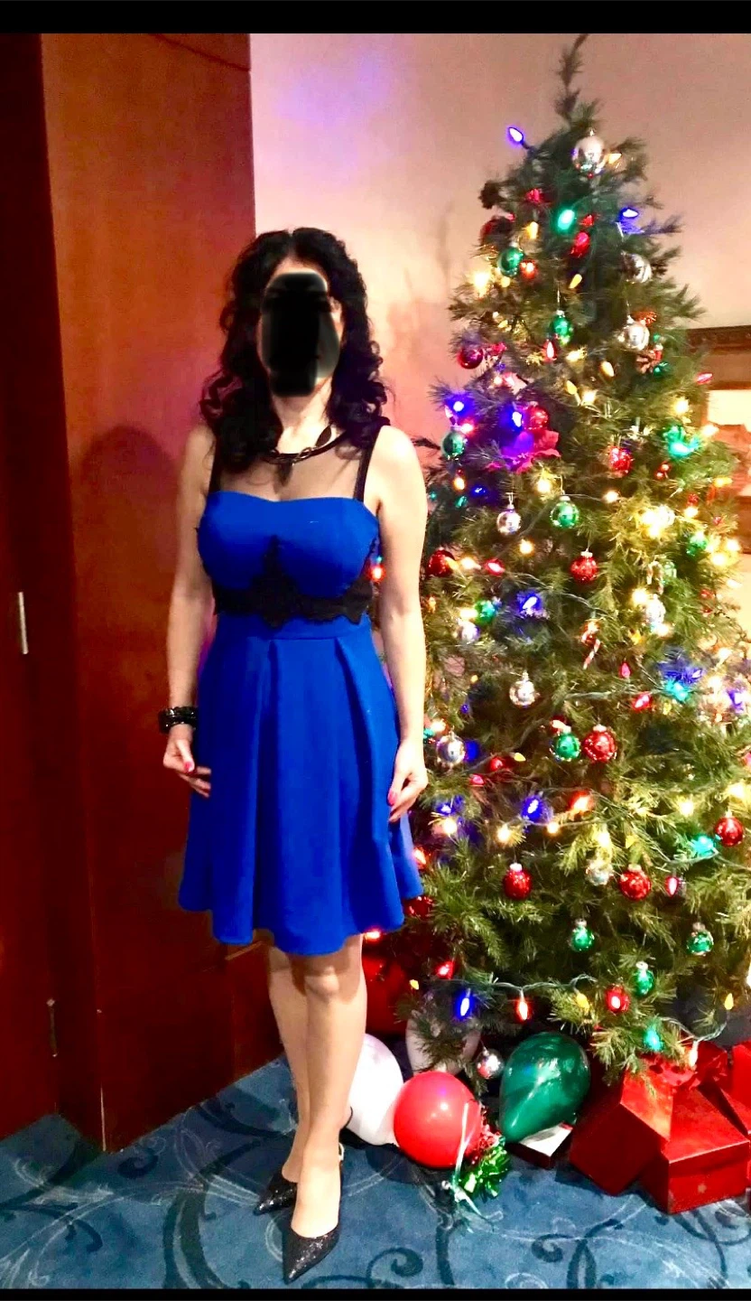 Blue Cocktail Dress with Black Lace Detail