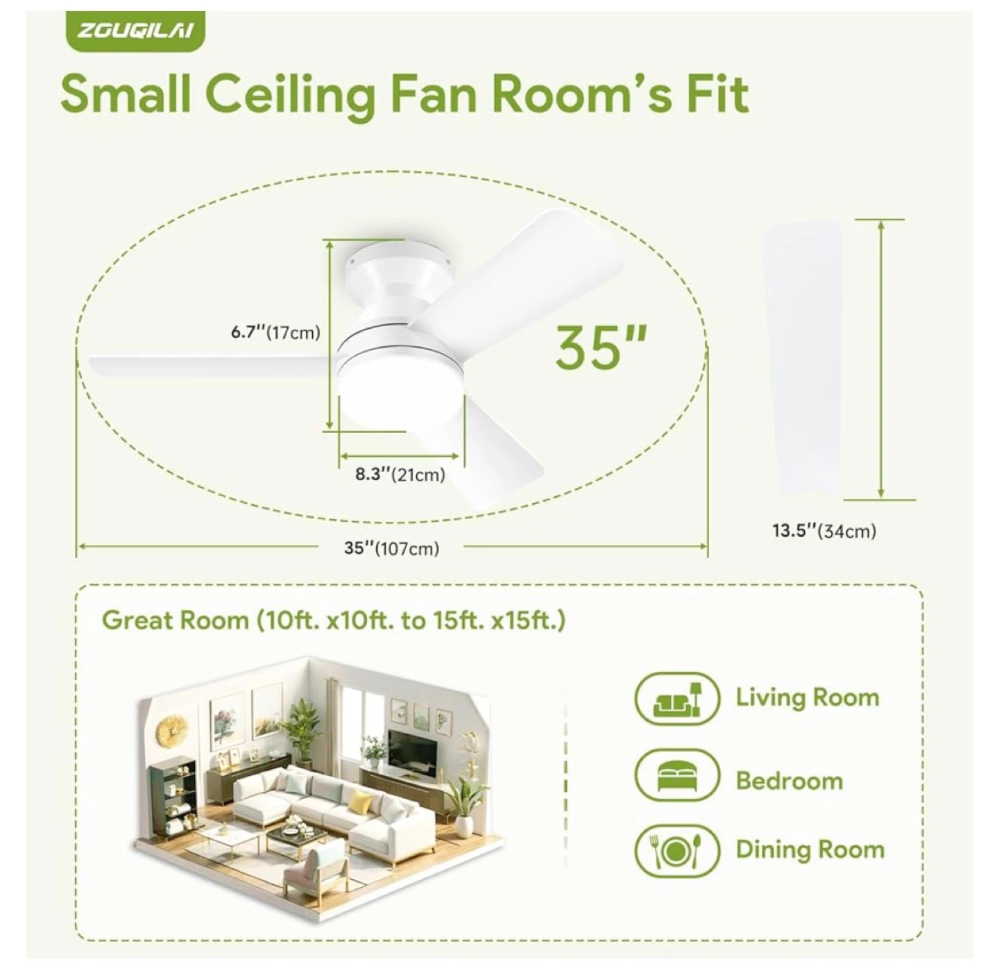 ZOEYON 35inch Ceiling Fan with Remote and Light - photo 5