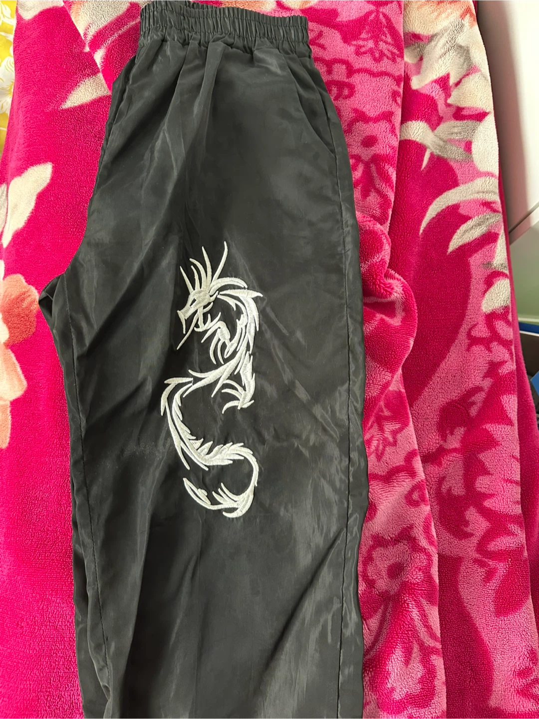 SHEIN Black Dragon Embroidered Track Pants (XS)