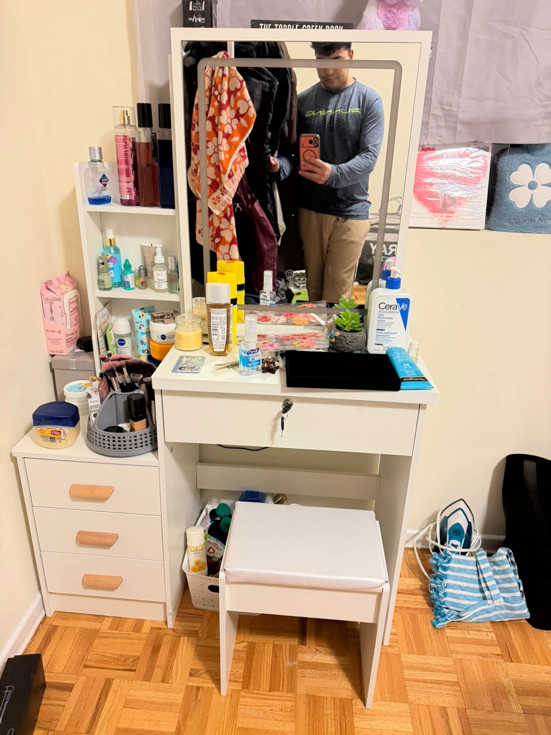 White Vanity Table with Mirror and Stool
