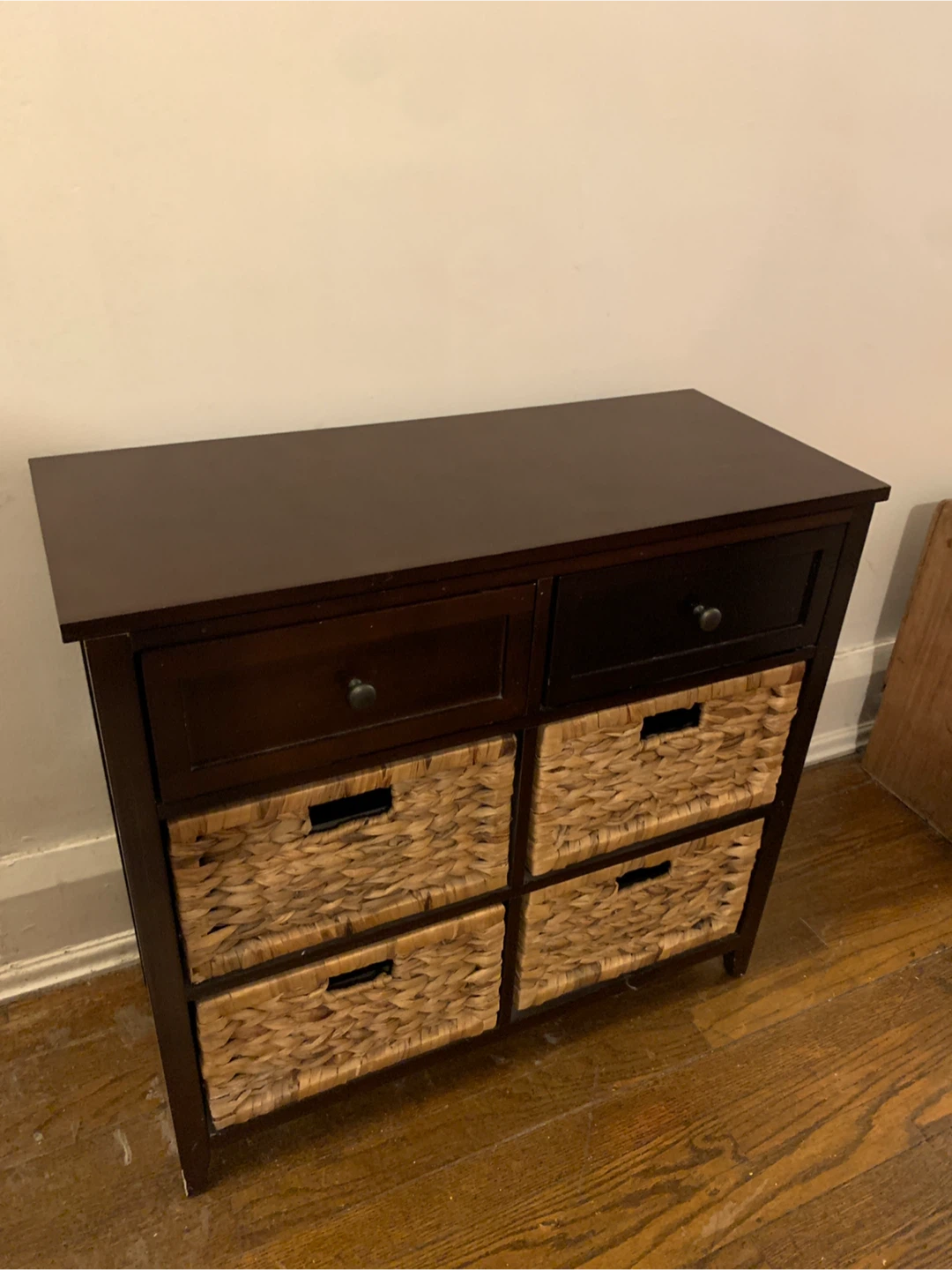 Dark Wood Storage Cabinet with Wicker Baskets