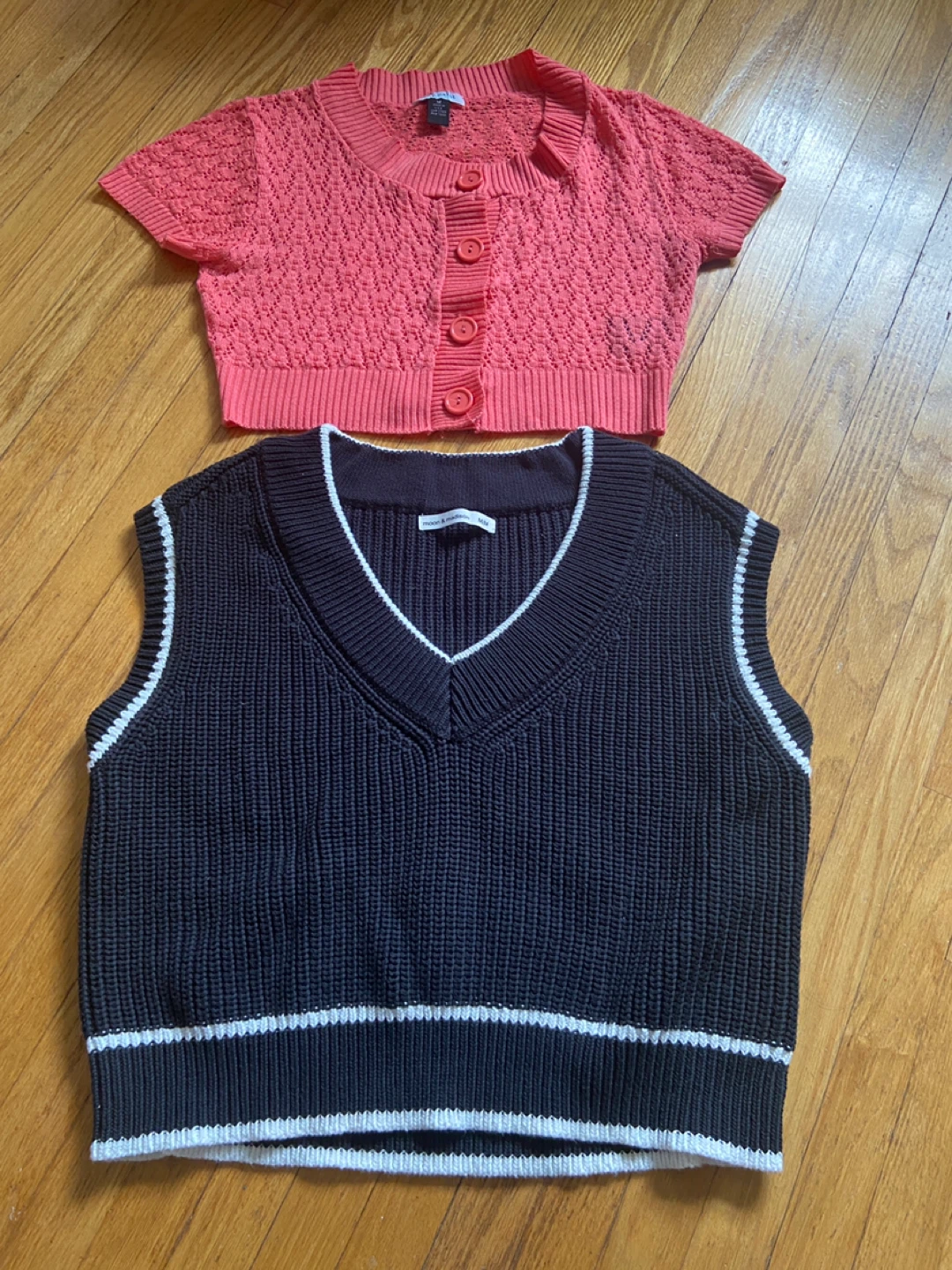 Coral Cardigan and Black Sweater Vest