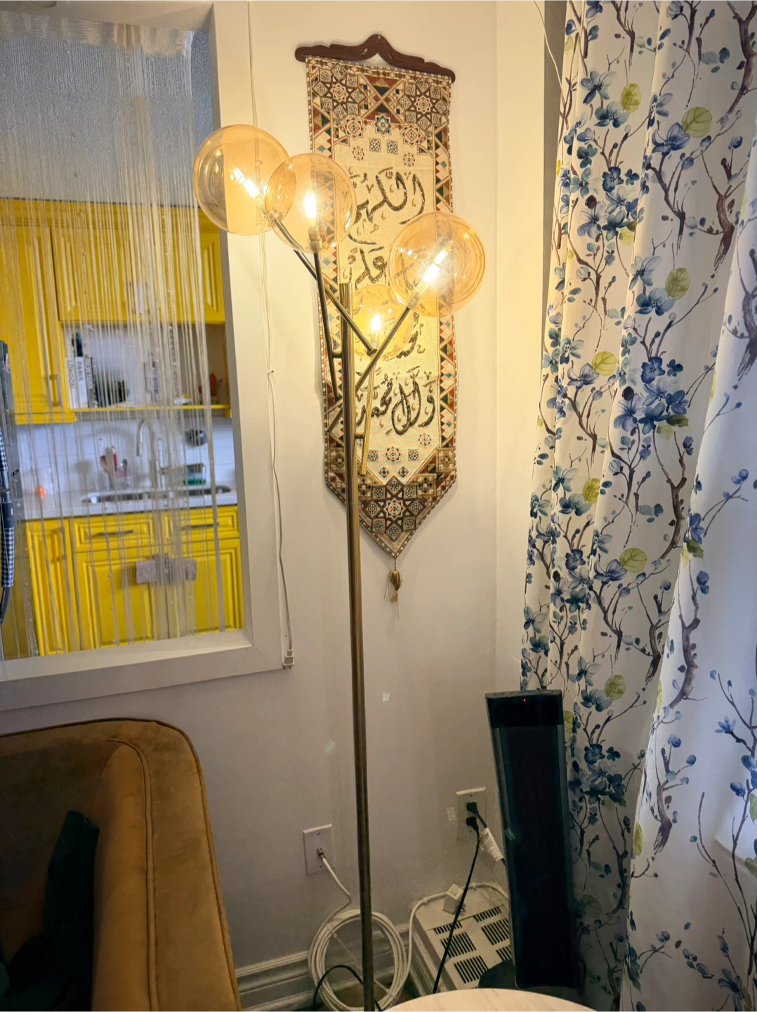 Gold Floor Lamp with 4 Amber Glass Shades