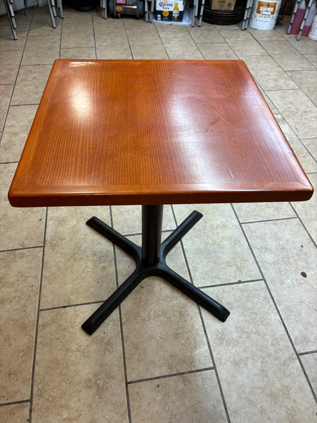 Square Wooden Table with Black Pedestal Base