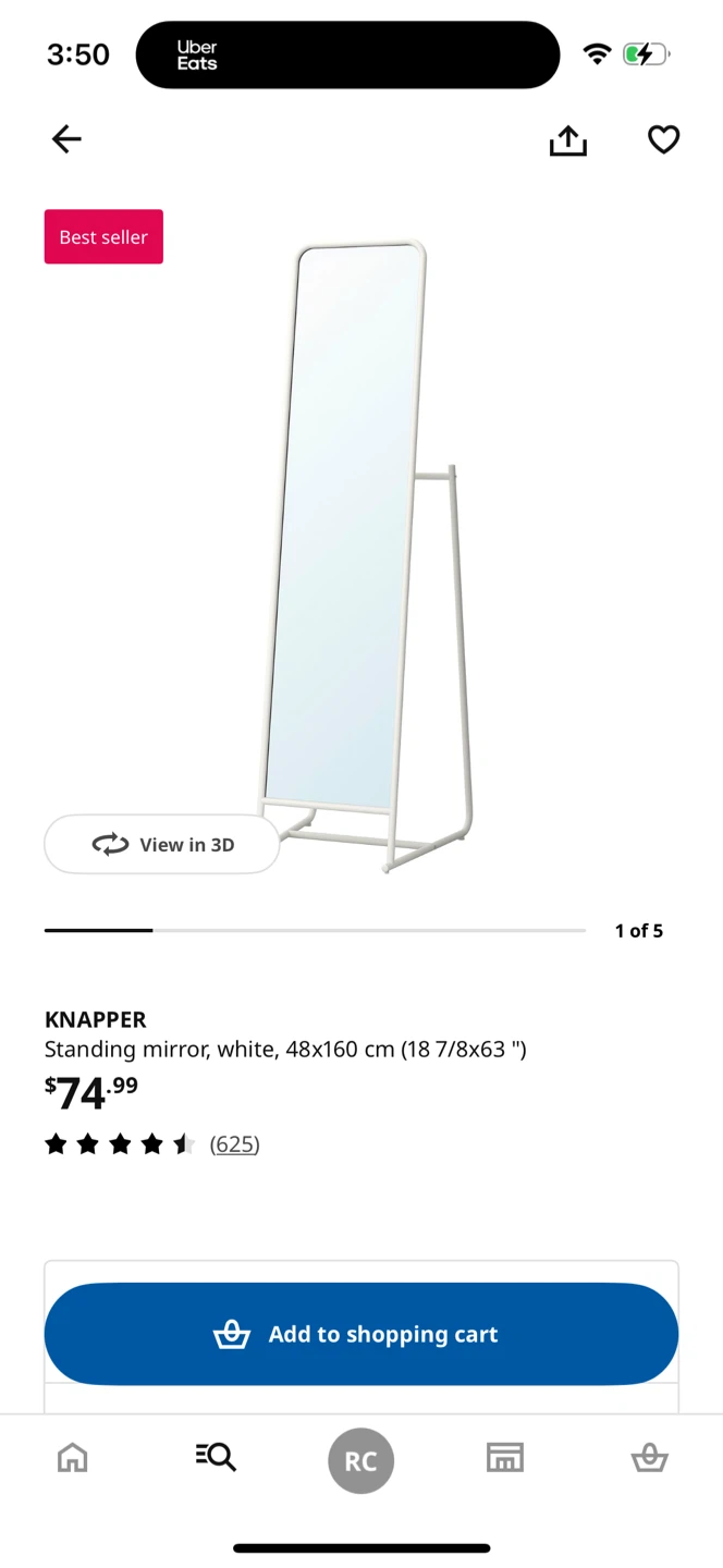 IKEA KNAPPER Standing Mirror White 48x160 cm