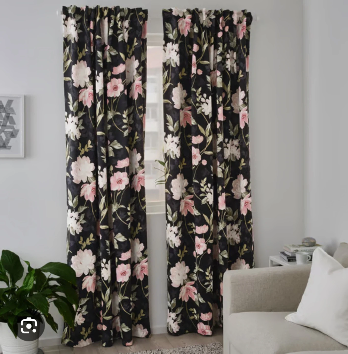 IKEA Black Floral Print Curtains - 2 Pairs