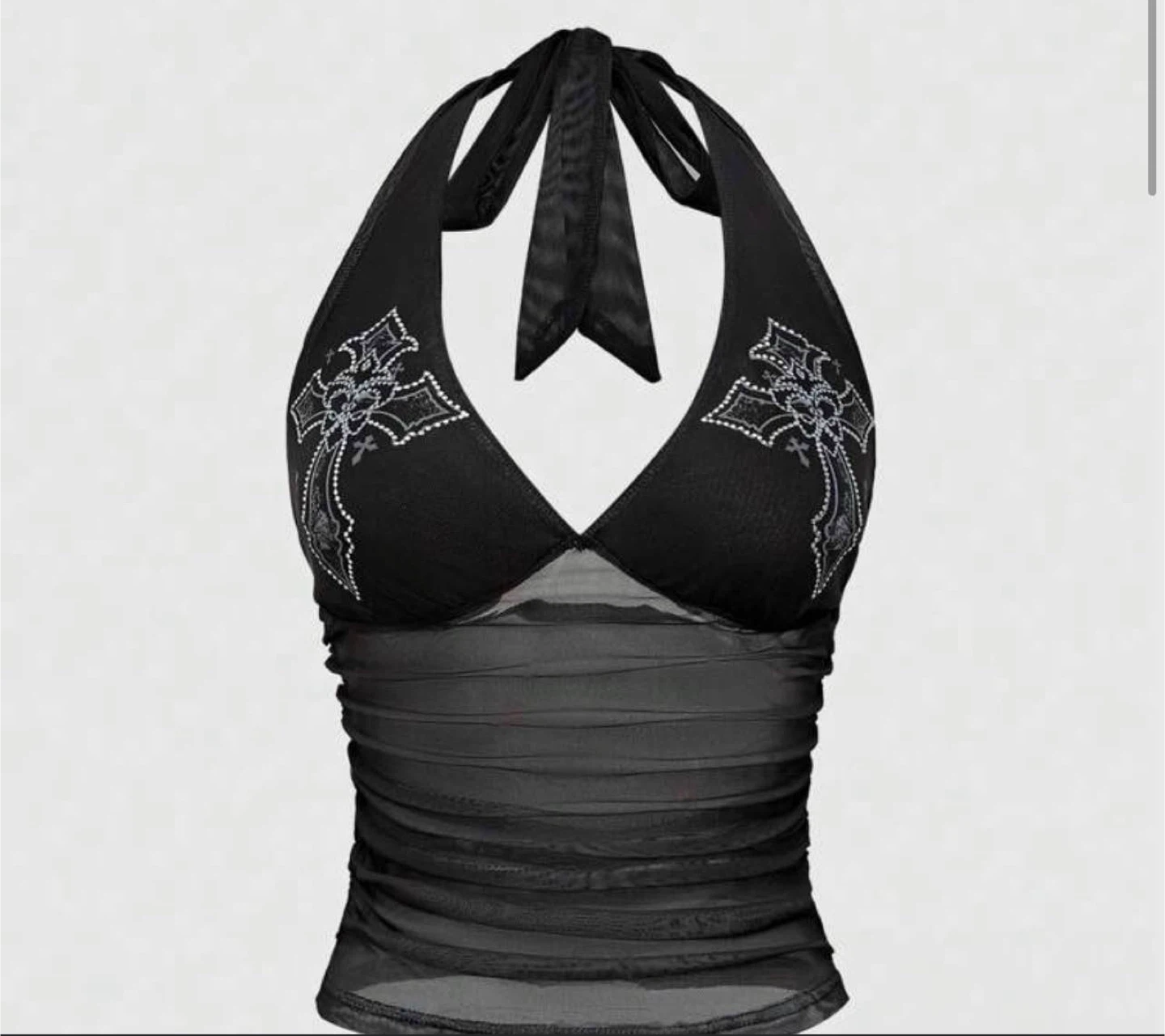 Black Mesh Halter Top with Rhinestone Cross Detail